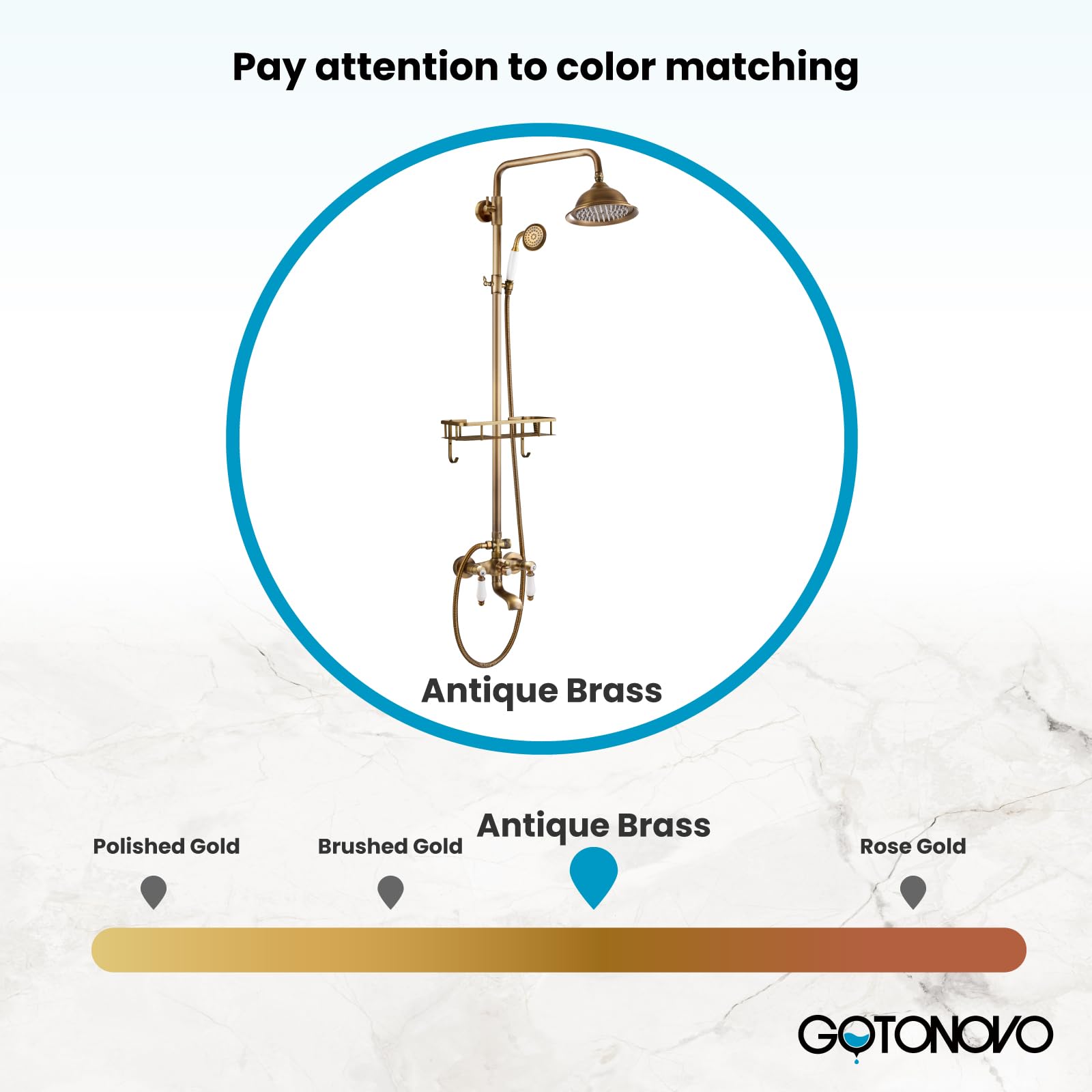 Gotonovo 8-Inch Rainfall Shower Head with Handheld Sprayer - Antique Brass Vintage Bathroom Tub Shower Faucet Set with Wall Mounted Shower Shelf & Tub Spout - Perfect for Modern & Vintage Bathroom Renovations