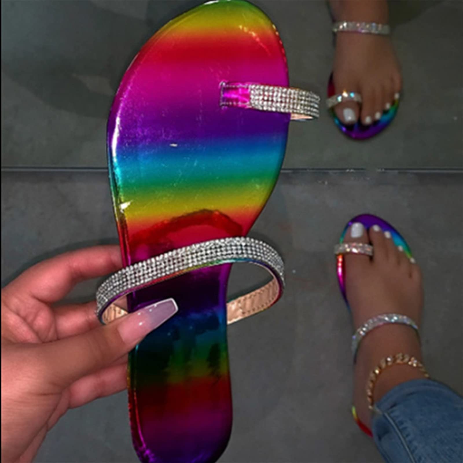 Women's Rhinestone Glitter Sandals - Elegant Flat Dressy Open Toe Flip Flops for Summer & Beach | Perfect for Weddings, Parties, and Vacation Outfits