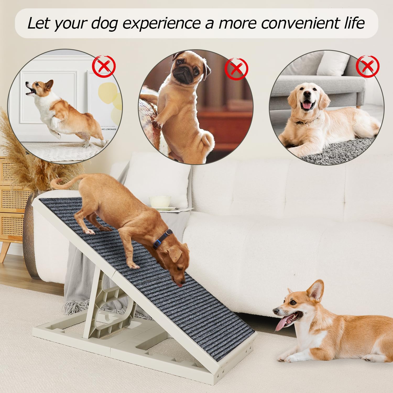 **Pawzone Adjustable Dog Ramp for Small Pets - Folding Collapsible Cat Ramp with Non-Slip Carpet - Portable Indoor Pet Ramp for Sofa, Chair, Bed - Perfect for Elderly or Injured Pets**