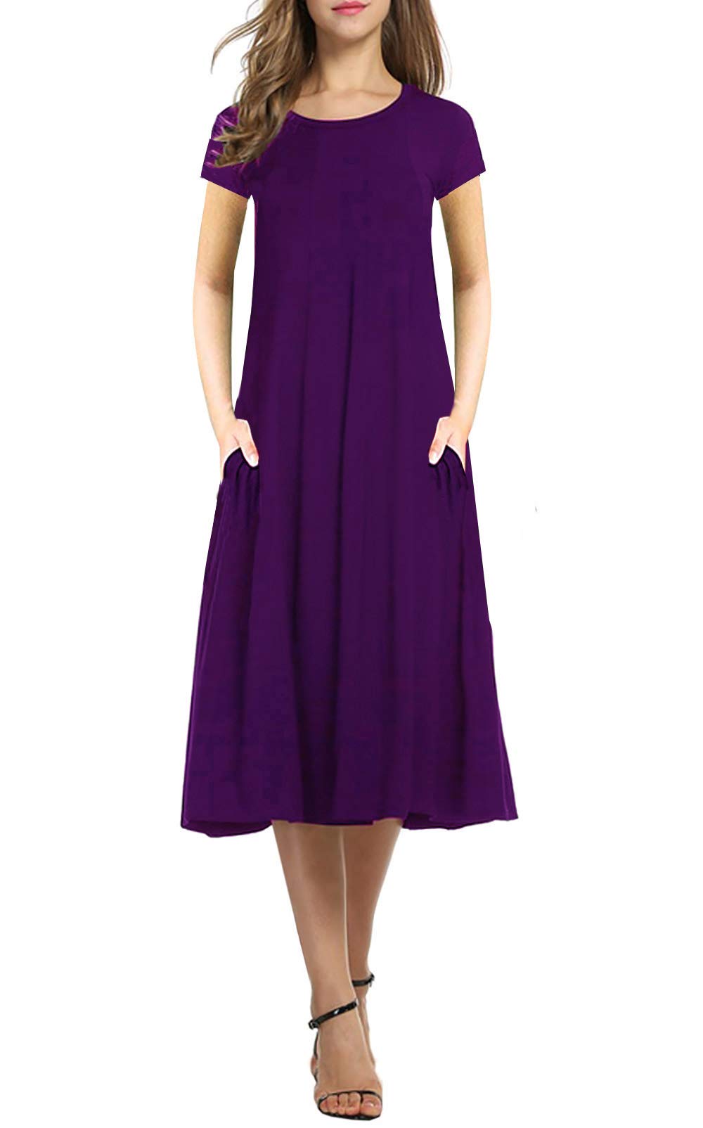 Necooer Women's Casual Loose Plain Pleated Long Dress Short Sleeve Midi Dresses - Flowy Summer Dress for Beach, Vacation & Everyday Wear