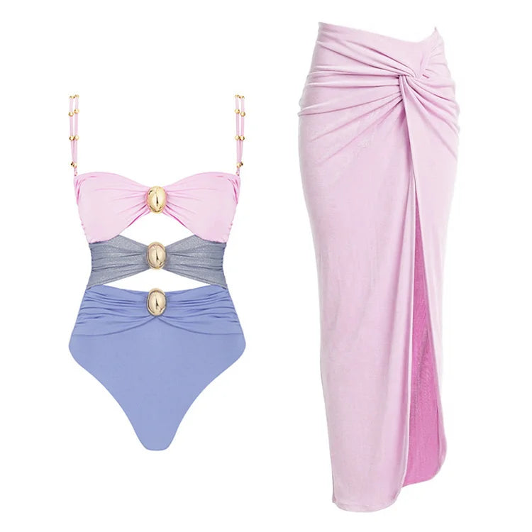 Color Block One Piece Swimsuit with Matching Sarong - Women's Bathing Suit for Beach, Pool & Vacation - Stylish Swimwear Set for Summer Getaways