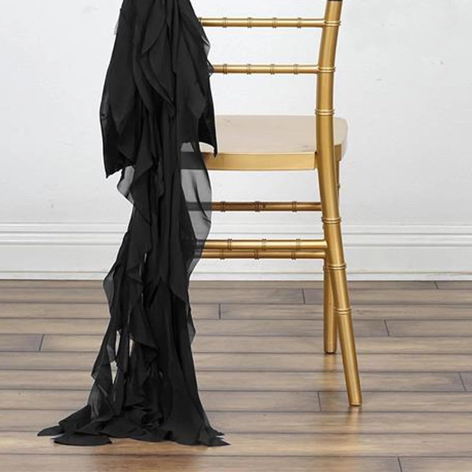 50 Premium Black Curly Chiffon Chair Covers with Sashes - Elegant Wedding, Party & Reception Decorations - Perfect for Banquets, Ceremonies, and Special Events