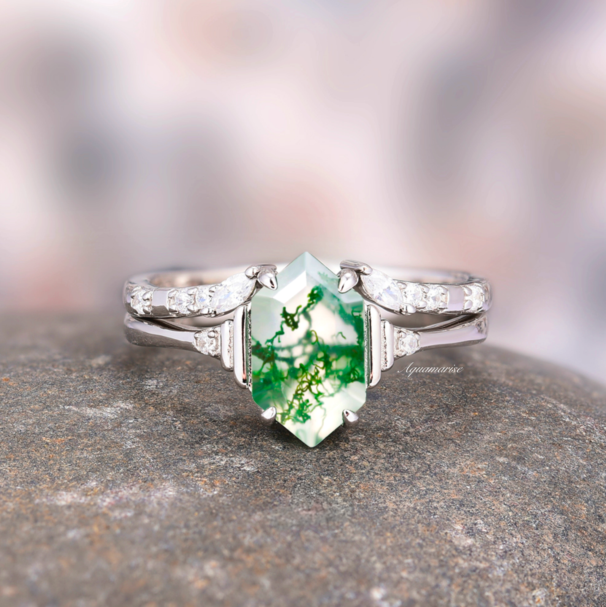 Hexagon Green Moss Agate Ring Set - 925 Sterling Silver Jewelry for Women, Nature-Inspired Gemstone Rings, Boho Chic Wedding Gift for Her | Perfect for Everyday Wear, Special Occasions & Spiritual Healing