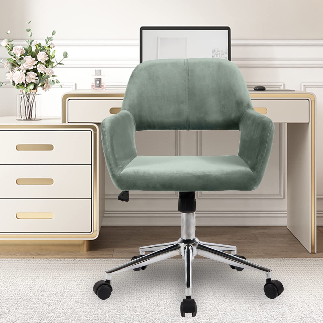 HomVent Velvet Swivel Desk Chair with Cute Hollow Mid-Back - Ergonomic Upholstered Task Chair for Office, Living Room, Vanity & Makeup Room - Perfect for Home Office, Gaming & Study Spaces