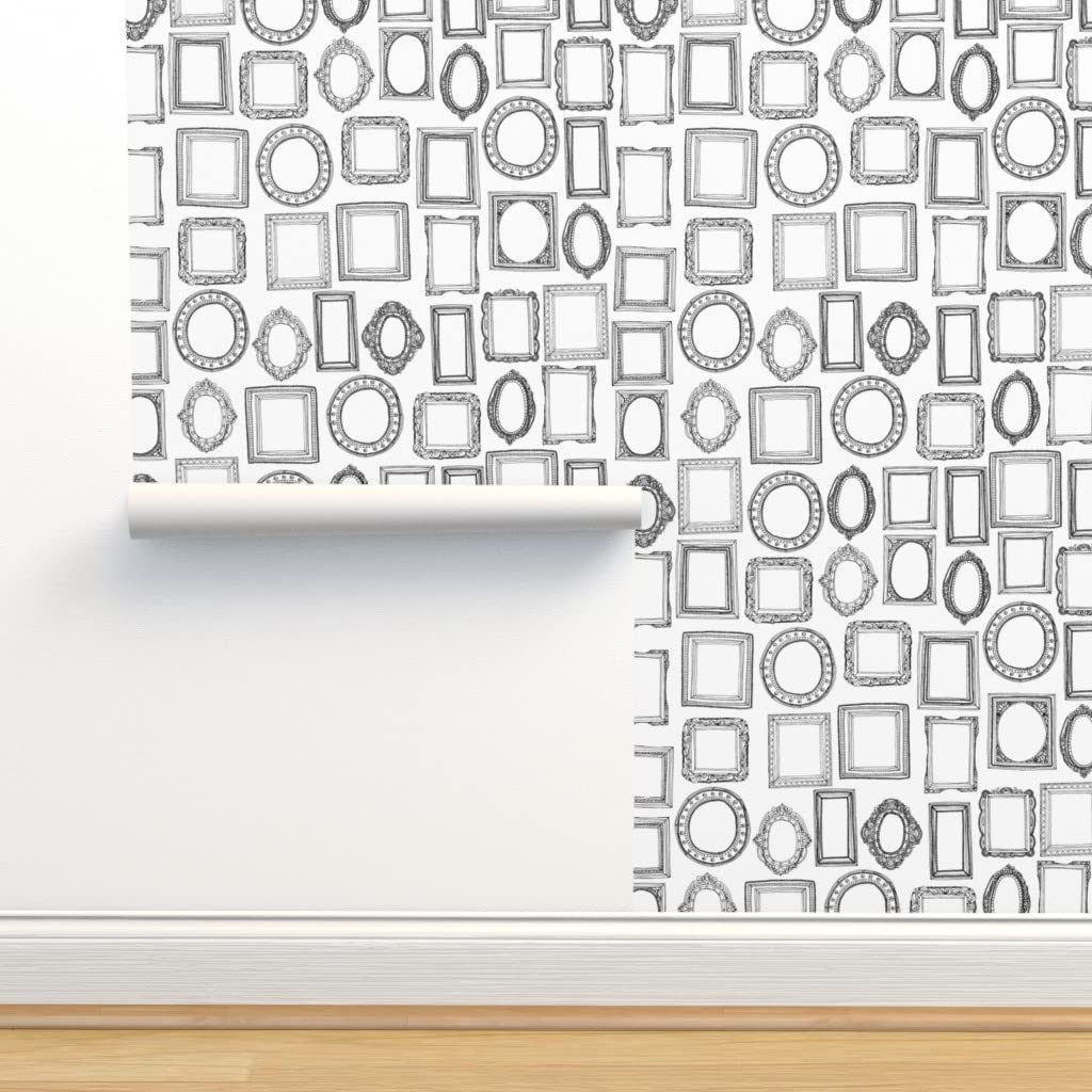 Commercial Grade Wallpaper 27ft x 2ft - Black & White Vintage Illustration Retro Monochrome Frames Traditional Peel & Stick Wallpaper for Living Room, Bedroom, Office Decor | Spoonflower