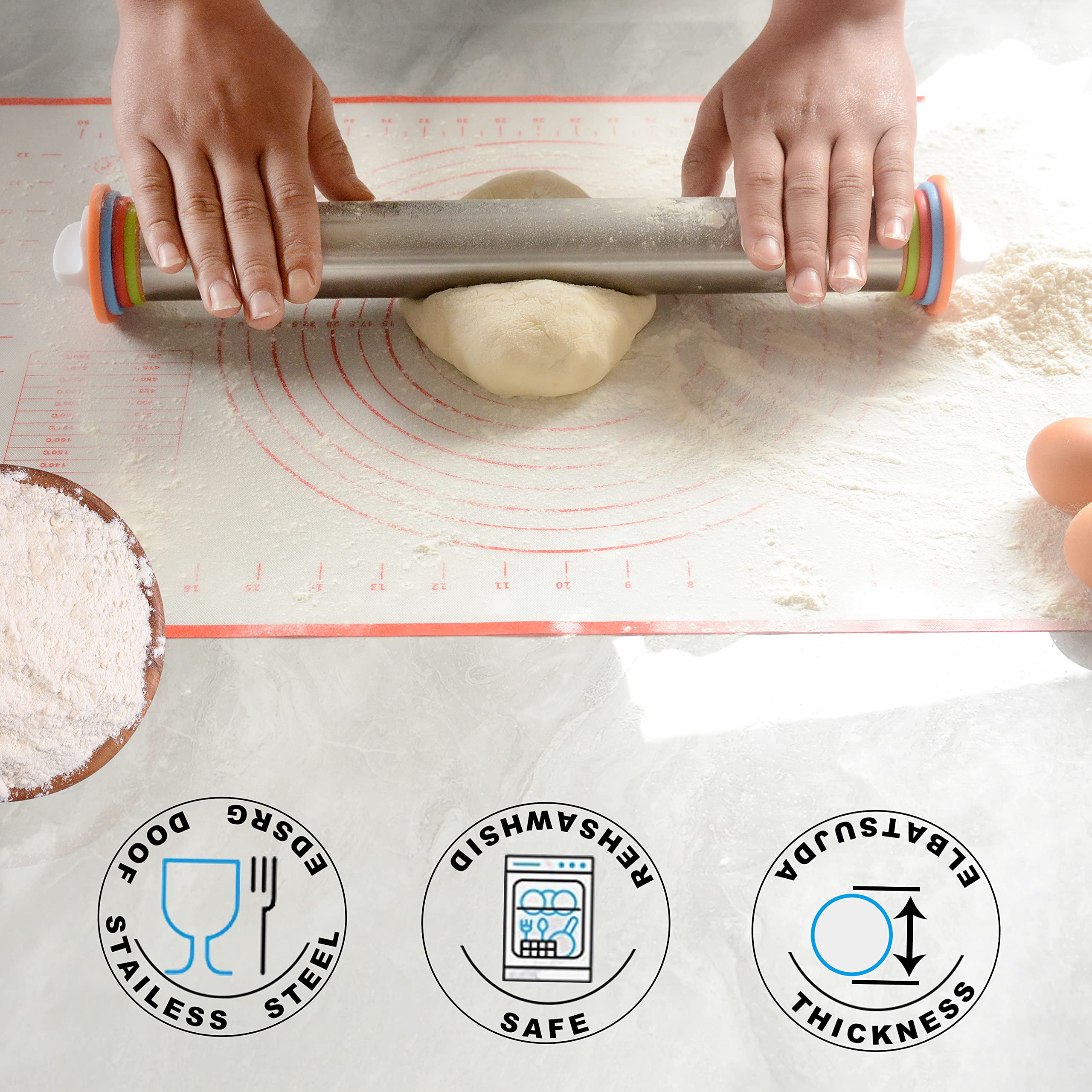 1Pcs Stainless Steel Rolling Pin with Nonstick Silicone Baking Pastry Mat Set - Adjustable Thickness Rings for Dough, Pizza, Cookies | Perfect for Home Baking, Kitchen Essentials & DIY Pastry Making