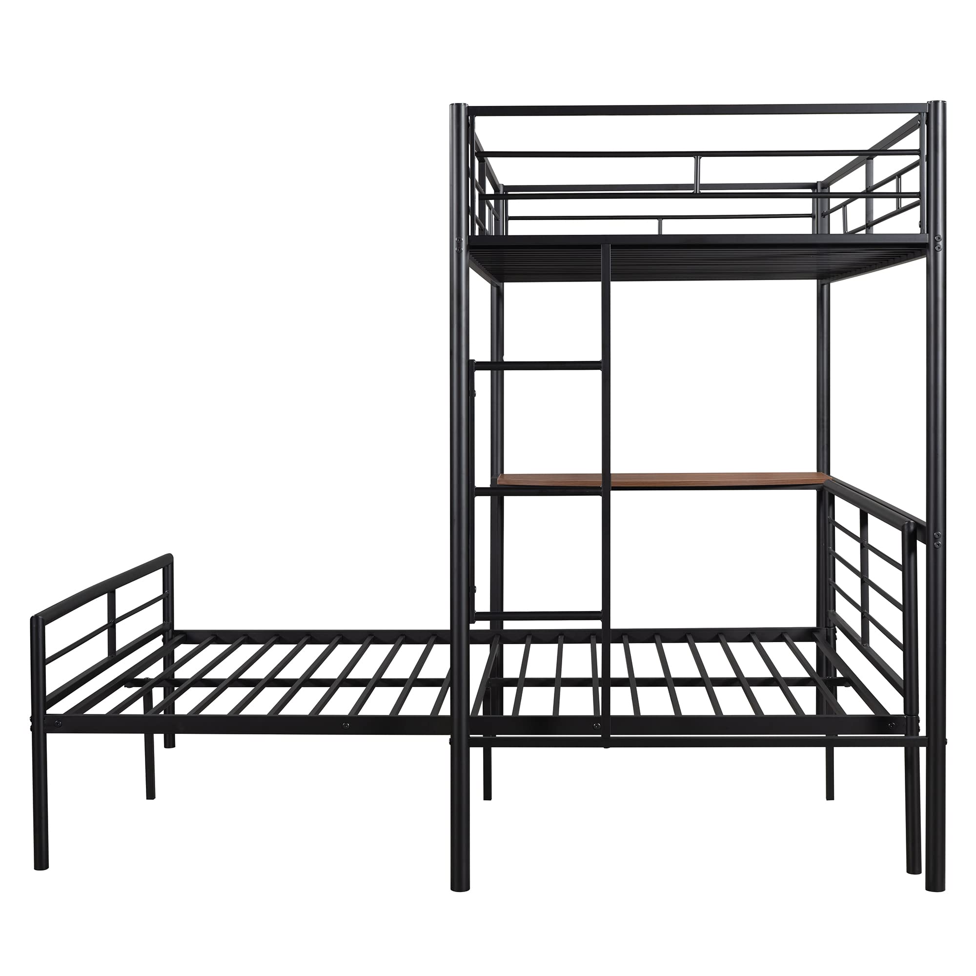 Harper & Bright Designs Twin Over Full Metal Bunk Bed with Built-in Desk, Full Length Guardrail & Ladder - Space Saving Loft Bed with Platform - Black - Perfect for Kids Rooms, Guest Rooms & Small Apartments