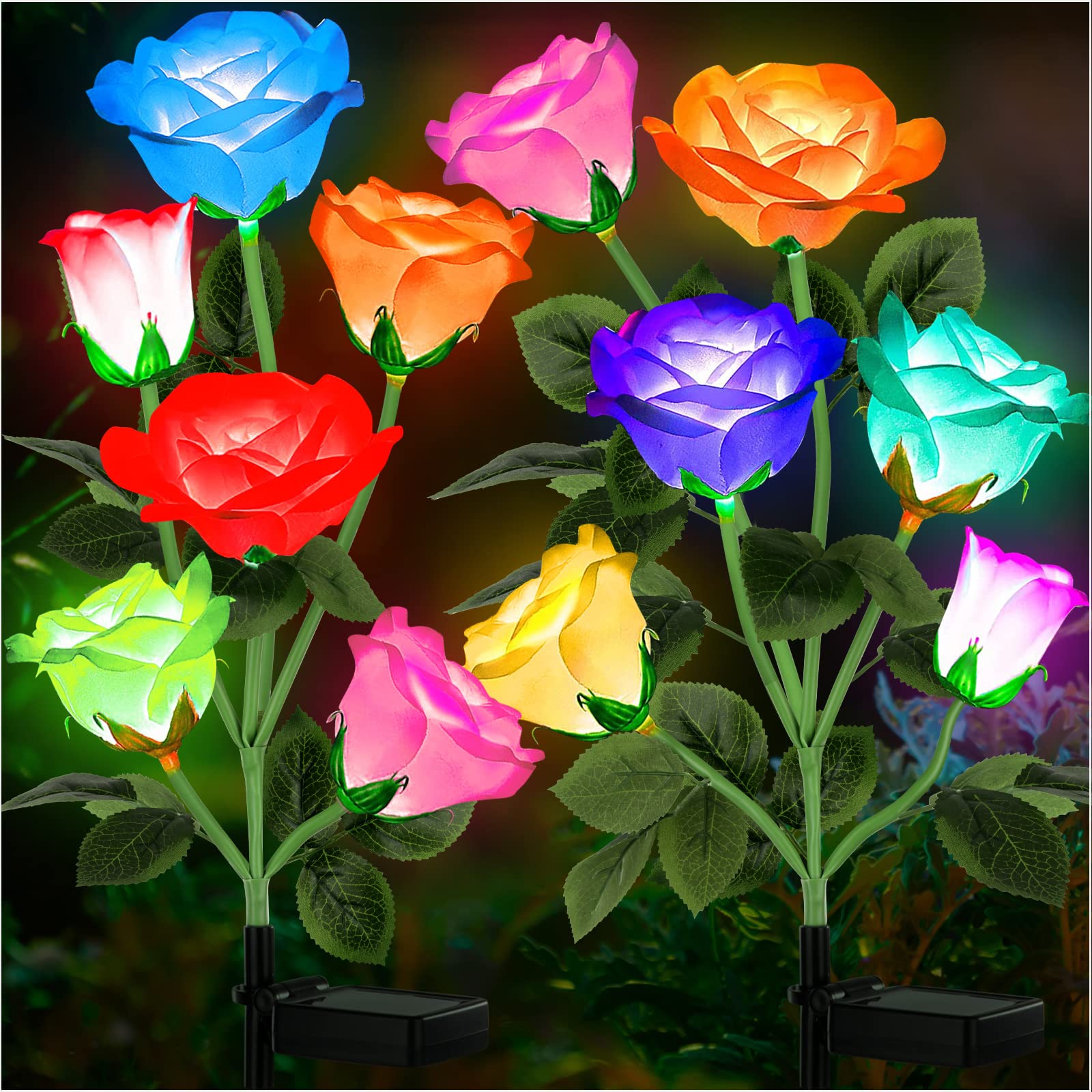 MOLAIER Solar Garden Lights Outdoor - 7 Color Changing Waterproof Rose Solar Lights with Flowers (2 Pack, Blue & Pink) for Patio, Yard, Pathway & Landscape Decoration | Perfect for Outdoor Wedding, Party & Garden Decor