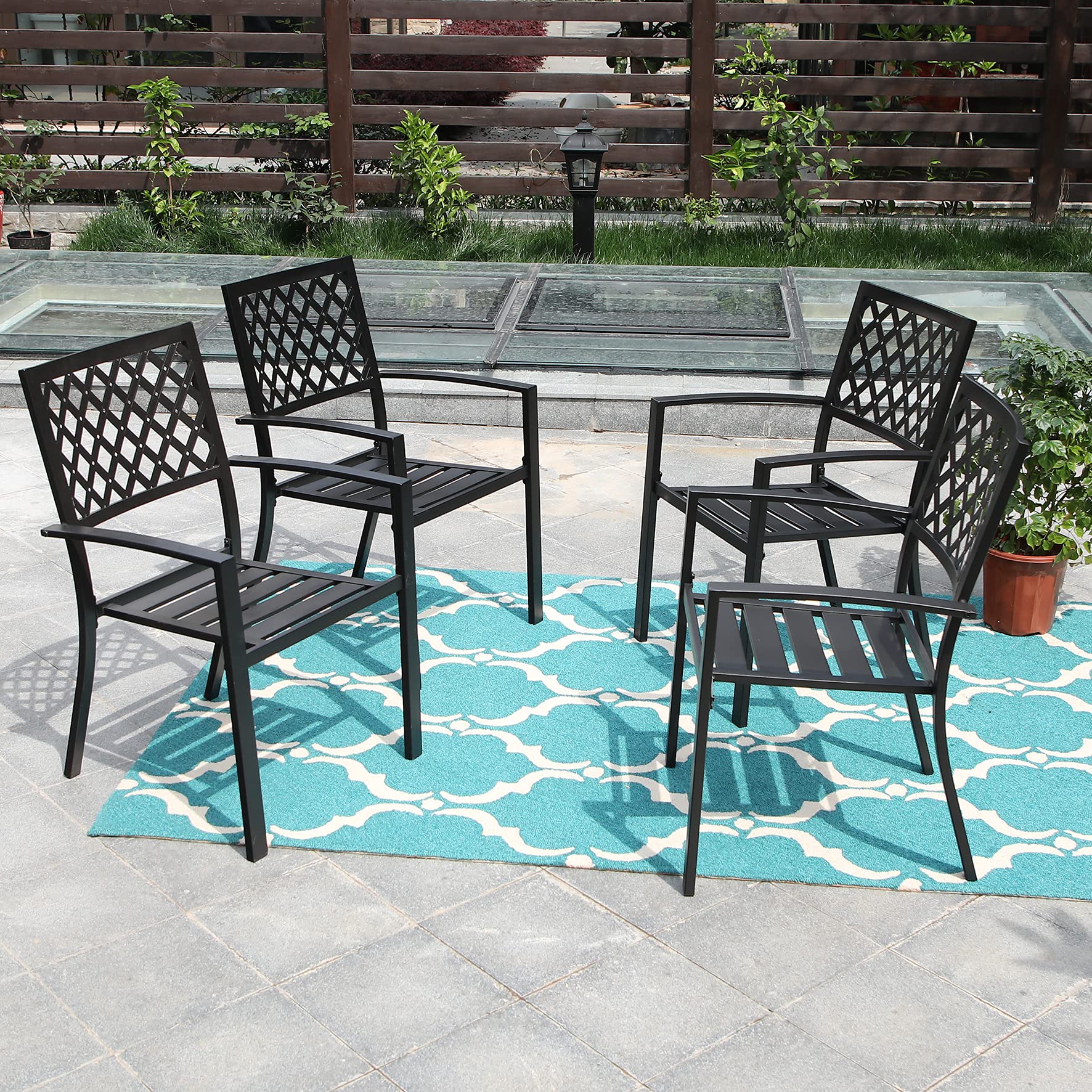 PHI VILLA 4-Piece Black Wrought Iron Outdoor Dining Chair Set - Stackable Patio Bistro Chairs with Armrests & Fishnet Pattern Design for Garden, Poolside, and Restaurant Outdoor Seating
