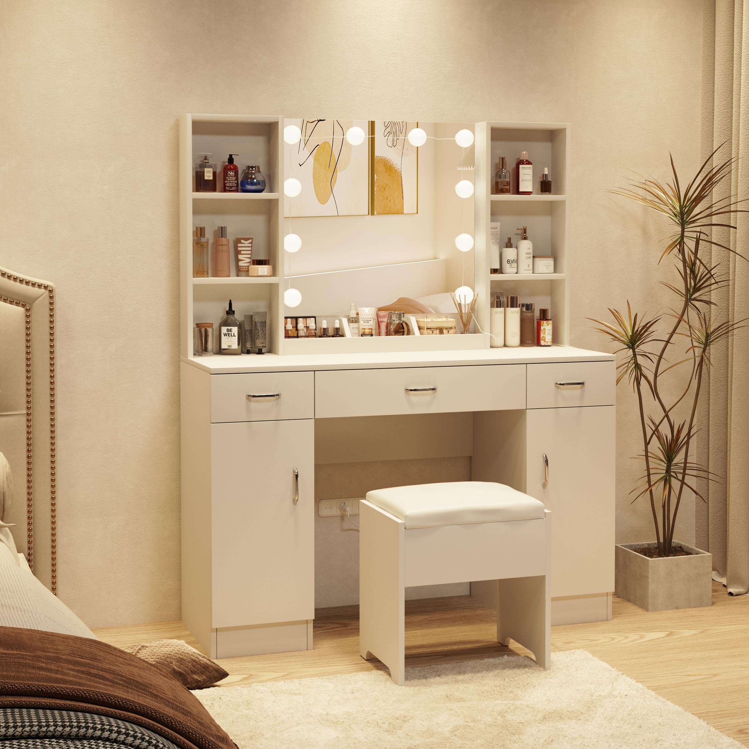 White Makeup Vanity Desk with LED Lights - 45 Inch Large Dressing Table with 3 Drawers, 2 Cabinets & Shelves for Bedroom, Beauty Salon or Home Decor