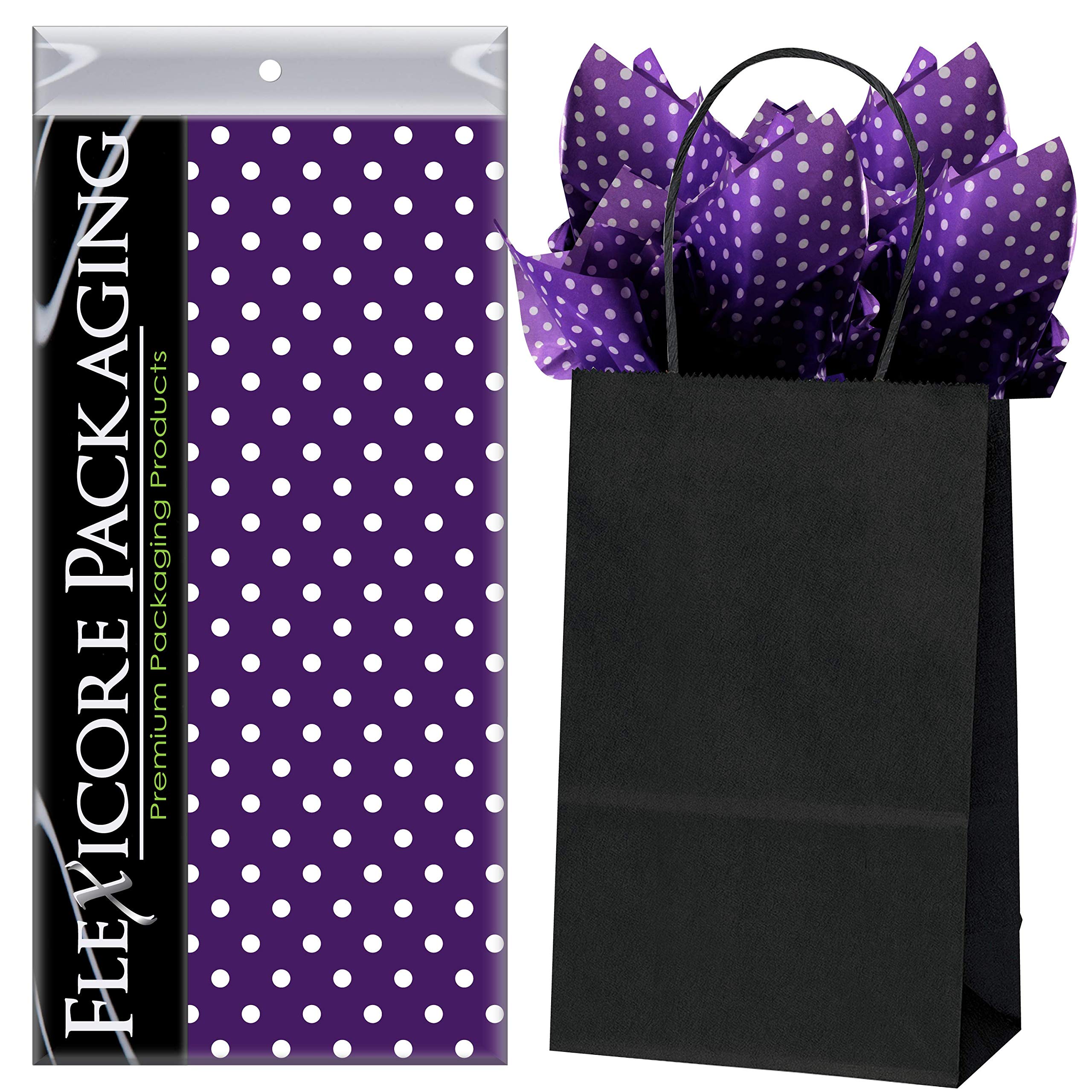 Premium Black Kraft Paper Gift Bags with Purple Polka Dot Design - 5.25