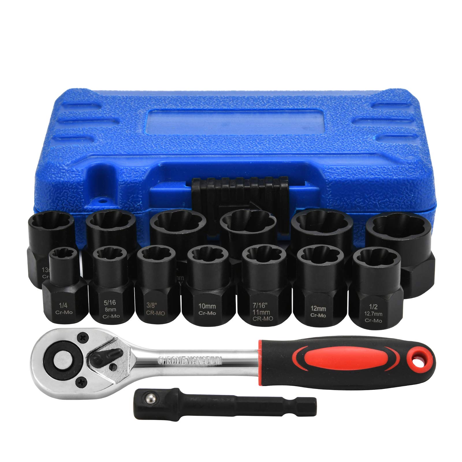 15-Piece Impact Socket Set - Metric & SAE Bolt Extractor Kit with 3/8