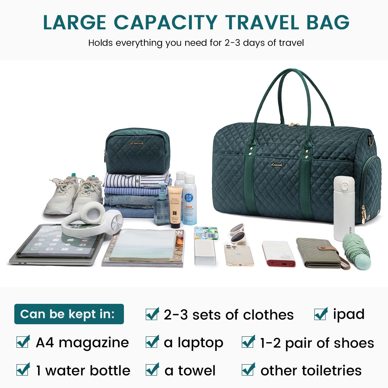 LOVEVOOK Travel Duffle Bag for Women - Waterproof Carry On Overnight Bag with Shoe Compartment & Wet Pocket | Gym, Hospital, Weekend Getaway & Labor Delivery Bag | Includes Free Toiletry Bag for Convenient Travel