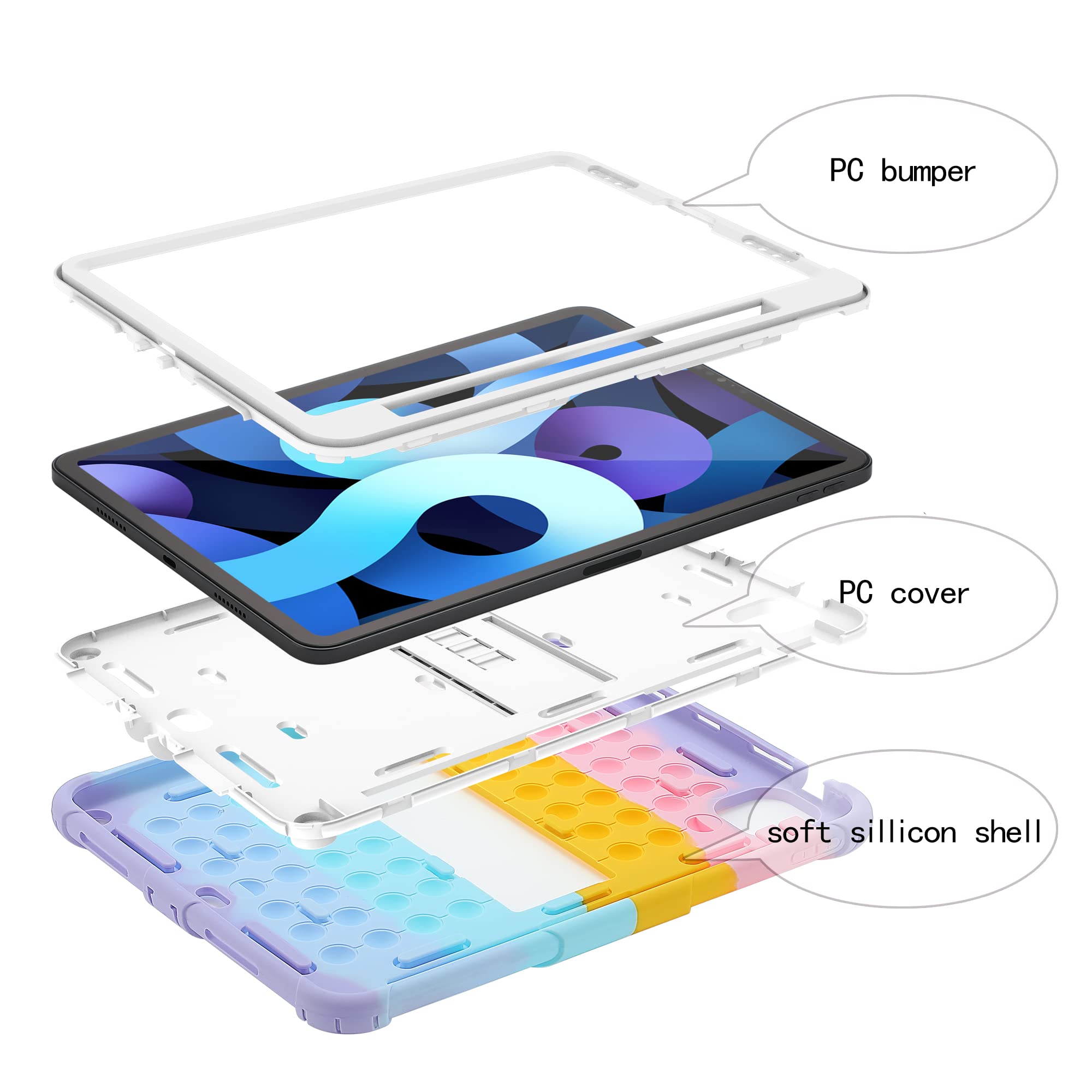 XZC Shockproof iPad Air 5th/4th Generation Case & iPad Pro 11 Inch Case (2018-2022) - 10.9 Inch Protective Cover with Pencil Holder, Kickstand & Shoulder Strap | Rainbow 2 Design | Perfect for Work, Travel & School Use