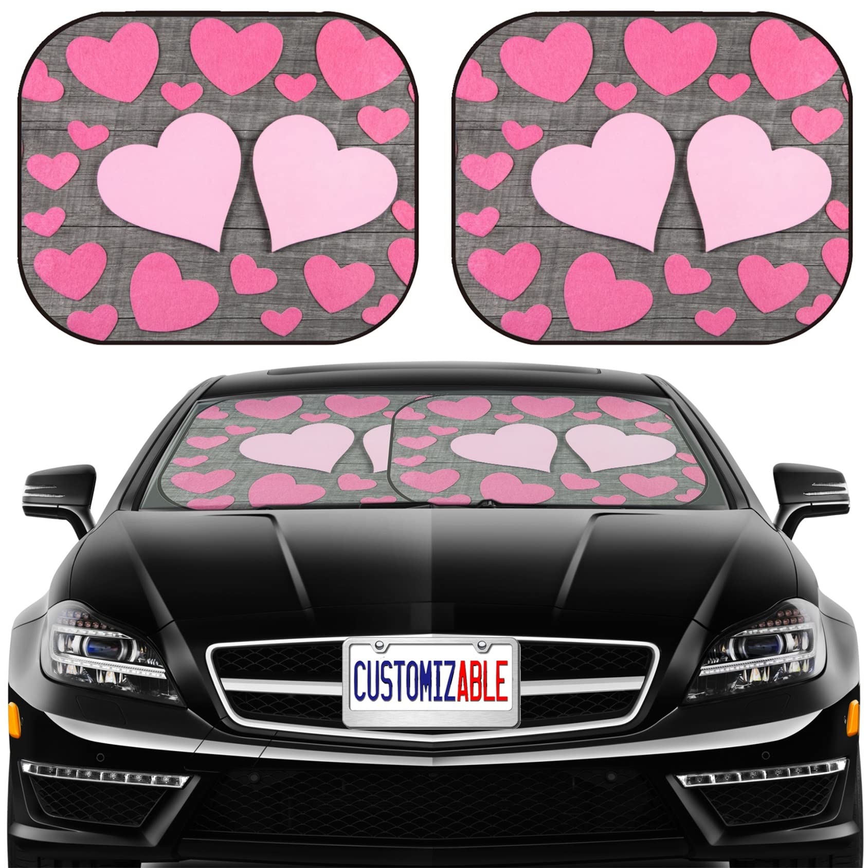 MaiZi 2-Piece Foldable Car Windshield Sun Shade - Universal Fit for Sedan, SUV & Vehicles - Blocks UV Rays, Heat & Sun Glare - Protects Car Interior - Pink Hearts Design (Perfect for Summer Parking & Road Trips)