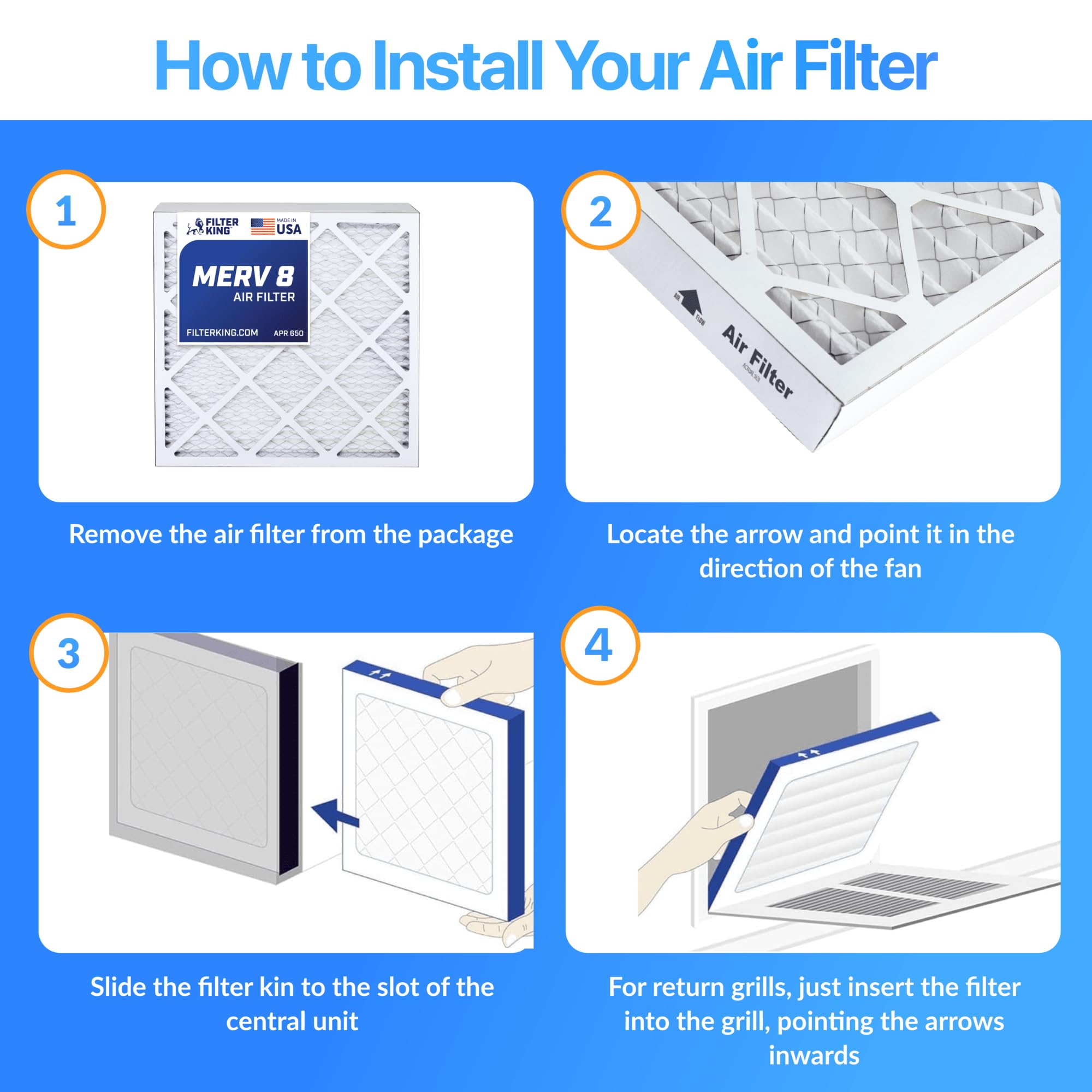 Filter King 19.75x22x1 MERV 8 HVAC Pleated Air Filters - 2 Pack | AC Furnace Replacement Filters for Clean Air | Made in USA | Perfect for Home, Office & Allergy Relief