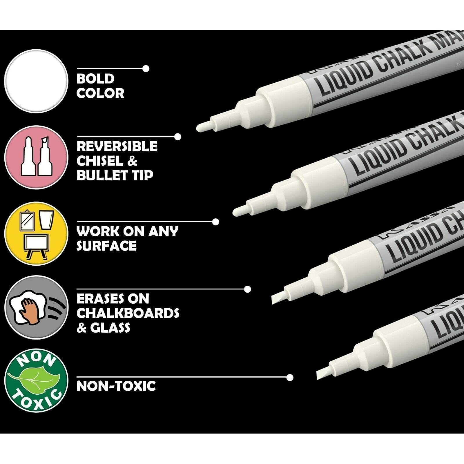 Kassa 4-Pack Fine Tip White Chalk Markers with 2 Reversible 3mm Bullet & Chisel Tips - Non-Toxic, Erasable & Dust-Free Chalkboard Markers for Windows, Mirrors, Blackboards - Perfect for Home, School, Office, Restaurants & Retail Signage