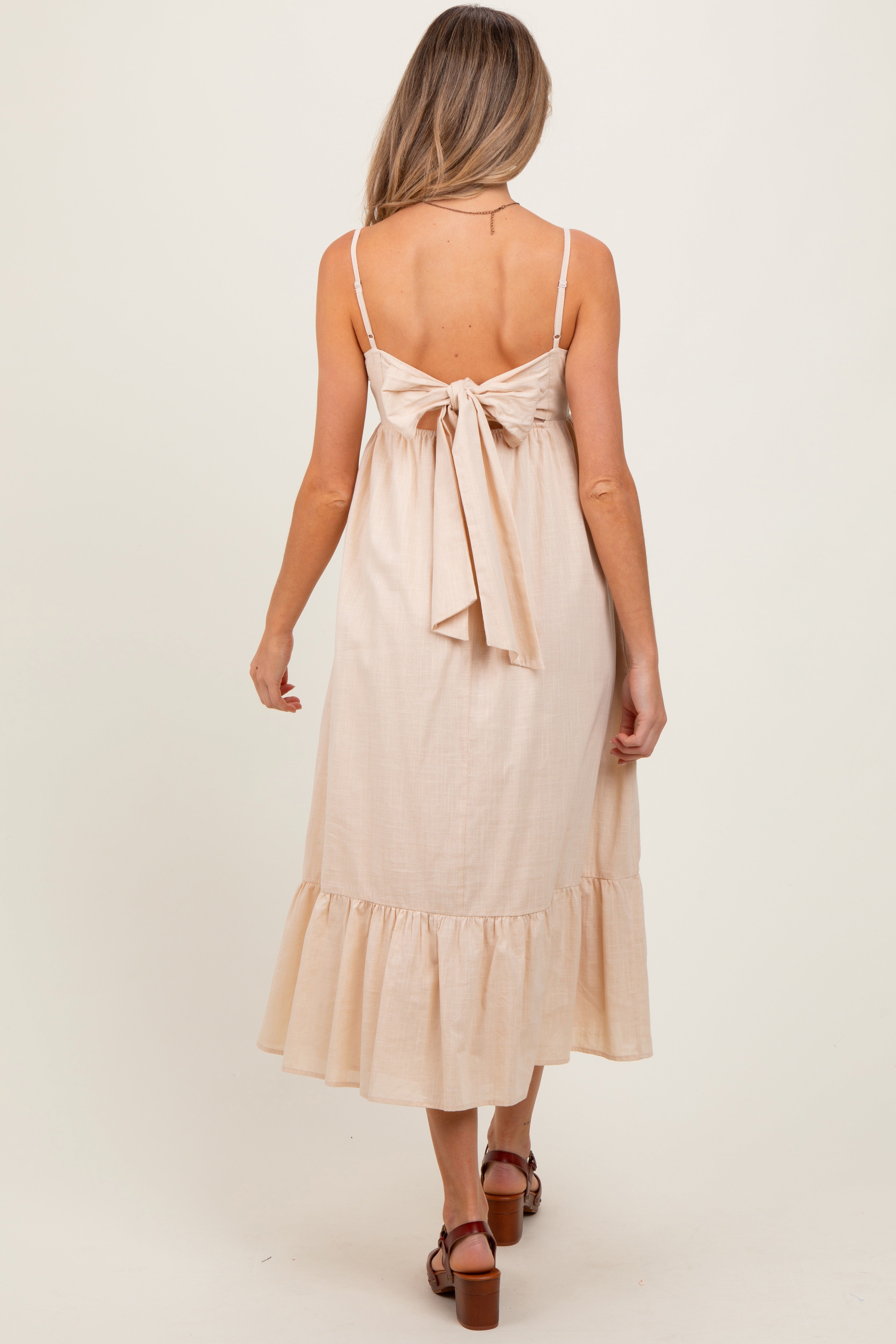 Beige Floral Embroidery Maternity Dress with Back Ribbon - Elegant Midi Length for Pregnancy, Baby Shower & Special Occasions