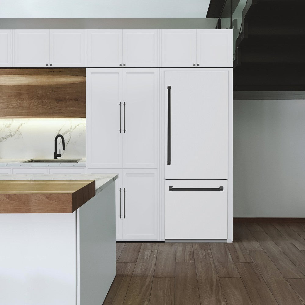 ZLINE Autograph Edition 30 Inch Built-In Bottom Freezer Refrigerator - 16.1 cu ft Capacity, Water Dispenser & Ice Maker - White Matte Finish with Matte Black Accents (RBIVZ WM 30 MB) - Perfect for Modern Kitchens & Open Concept Homes