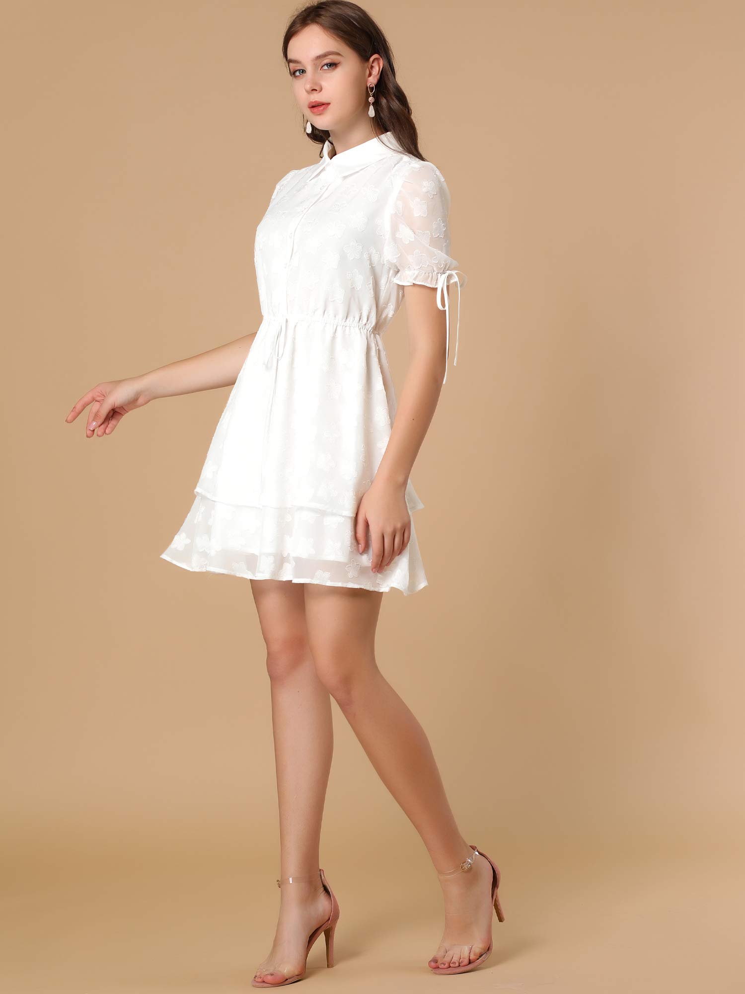 Allegra K Women's Floral Peter Pan Collar Chiffon Layered Dress with Drawstring - Elegant Summer Casual & Party Wear for Women