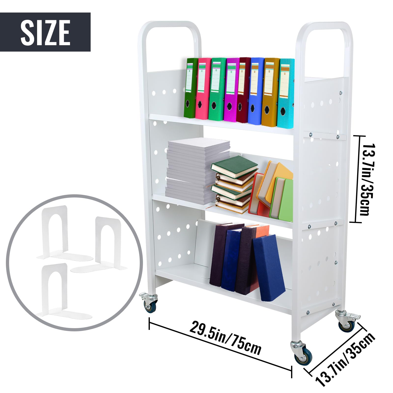 3-Shelf Rolling Book Cart with Lockable Wheels - V-Shaped Single-Sided Library Cart for Home, Office & School - White | Perfect for Book Storage, Classroom Organization & Mobile Shelving Solutions