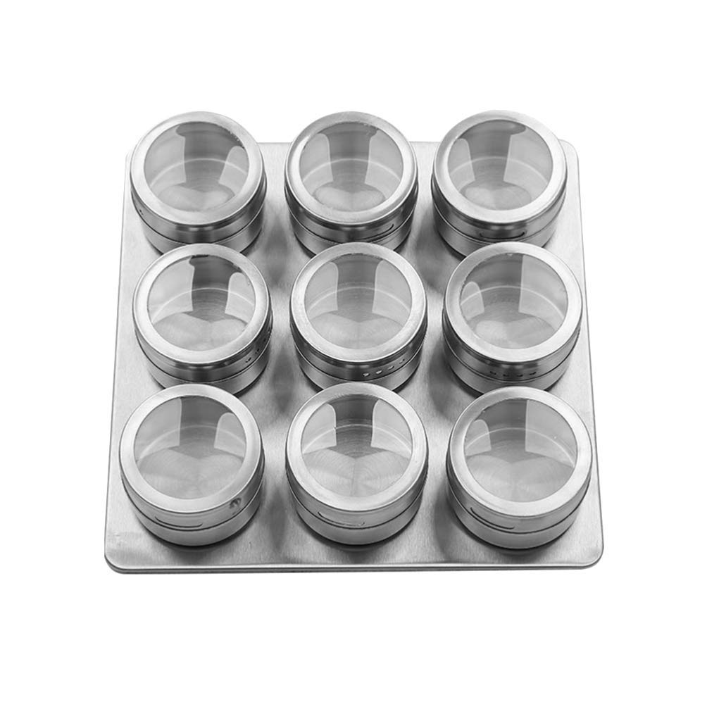9-Piece Stainless Steel Magnetic Spice Jars with Lids - Airtight Kitchen Spice Storage Containers for Herbs & Seasonings | Perfect for Home Cooking, Restaurants & Pantry Organization