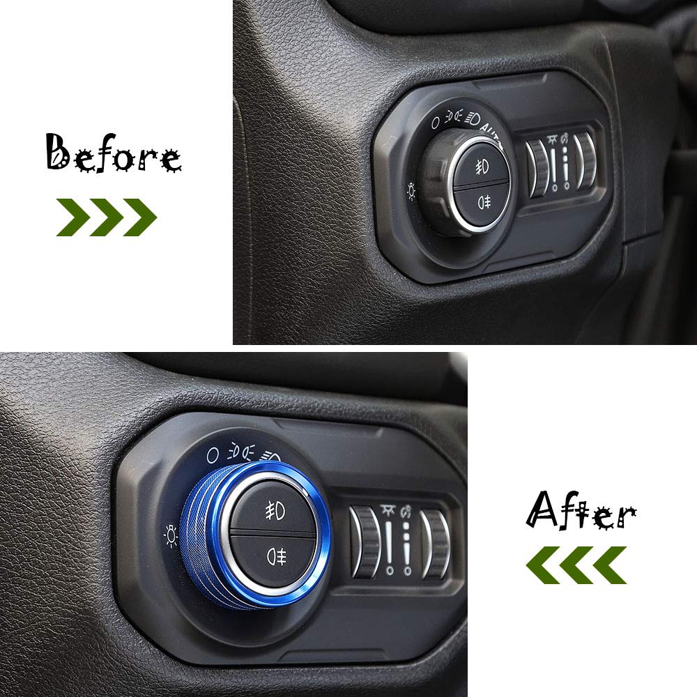 Jeep Wrangler JL 2018 Car Headlight Switch Knob Frame Ring Cover Trim - Blue Interior Accessories for Dashboard Customization | Perfect for Off-Roading & Night Driving Upgrades