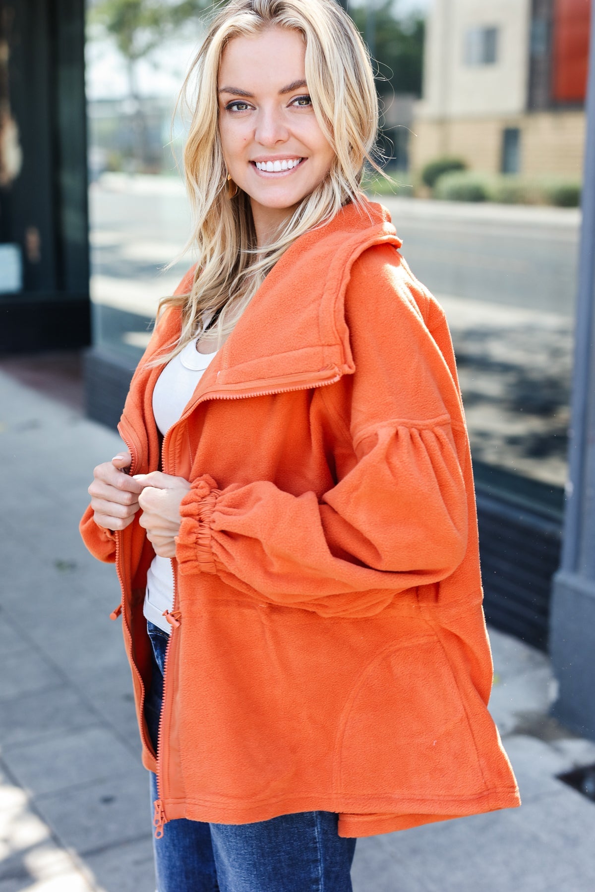 Stylish Rust Cinched Waist Zip-Up Fleece Jacket for Women | Cozy Winter Outerwear | Perfect for Hiking, Camping & Casual Outfits