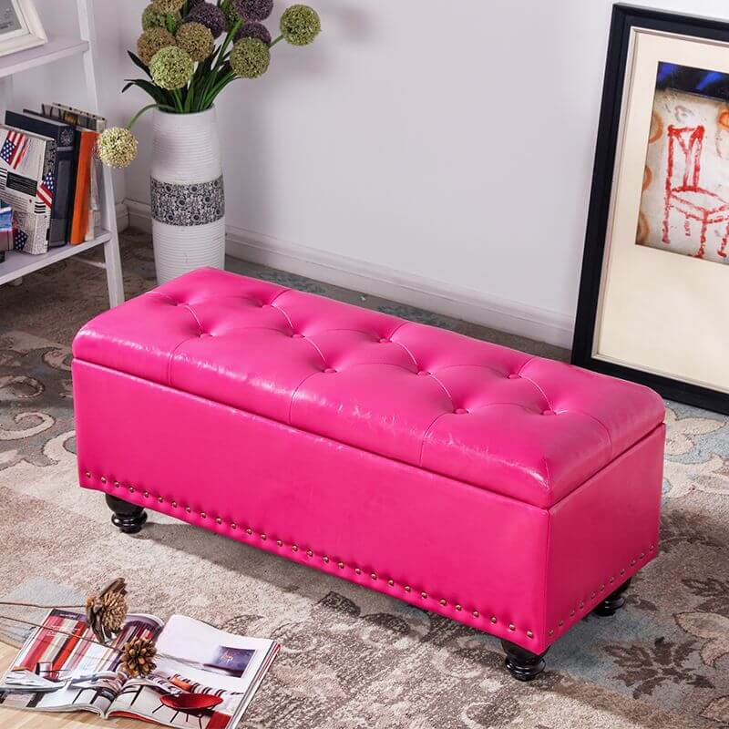 Water Resistant Stitch Tufted Upholstered Storage Ottoman with Nailhead Trim - Green/Peony/Butter Color, Modern Style with Legs - Perfect for Living Room, Bedroom & Home Office Organization