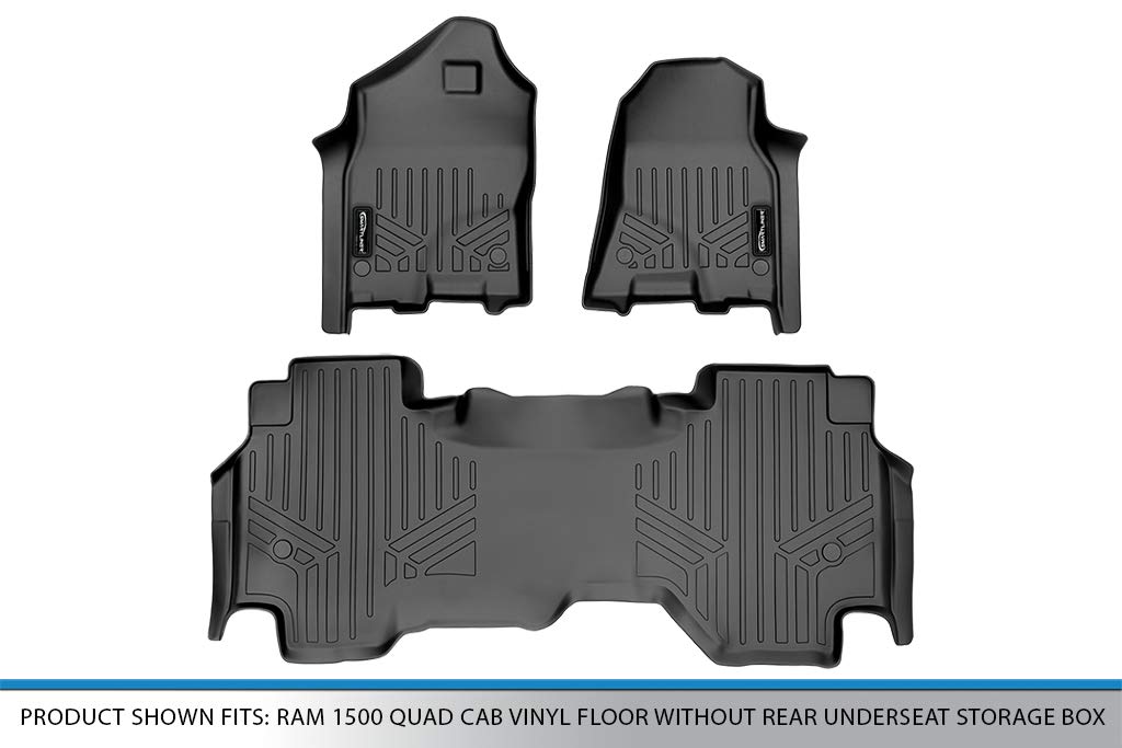 MAXLINER Custom Fit Floor Mats for 2019-2022 Ram 1500 Quad Cab - 2 Row Black Vinyl Floor Liners | All-Weather Protection | Perfect for Trucks with No Rear Underseat Storage Box | Ideal for Off-Roading, Work & Daily Commute