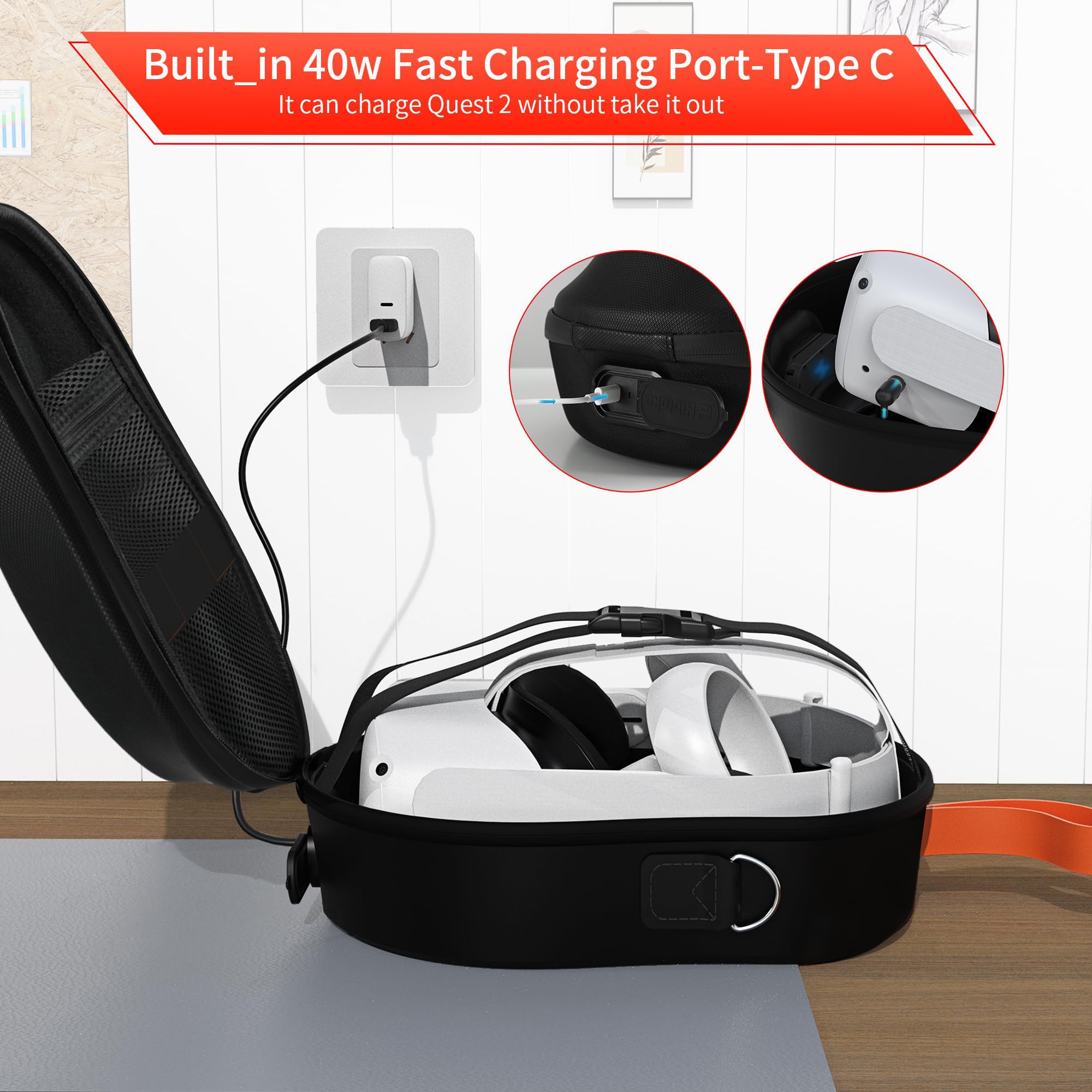 HiBloks Magnetic Charging Carrying Case for Meta Quest 2 & Quest 3S - Large Capacity Hard Travel Storage for Oculus Quest 3S Headset, Controllers & Accessories | Portable Protective Backpack for VR Gaming, Travel & Home Organization