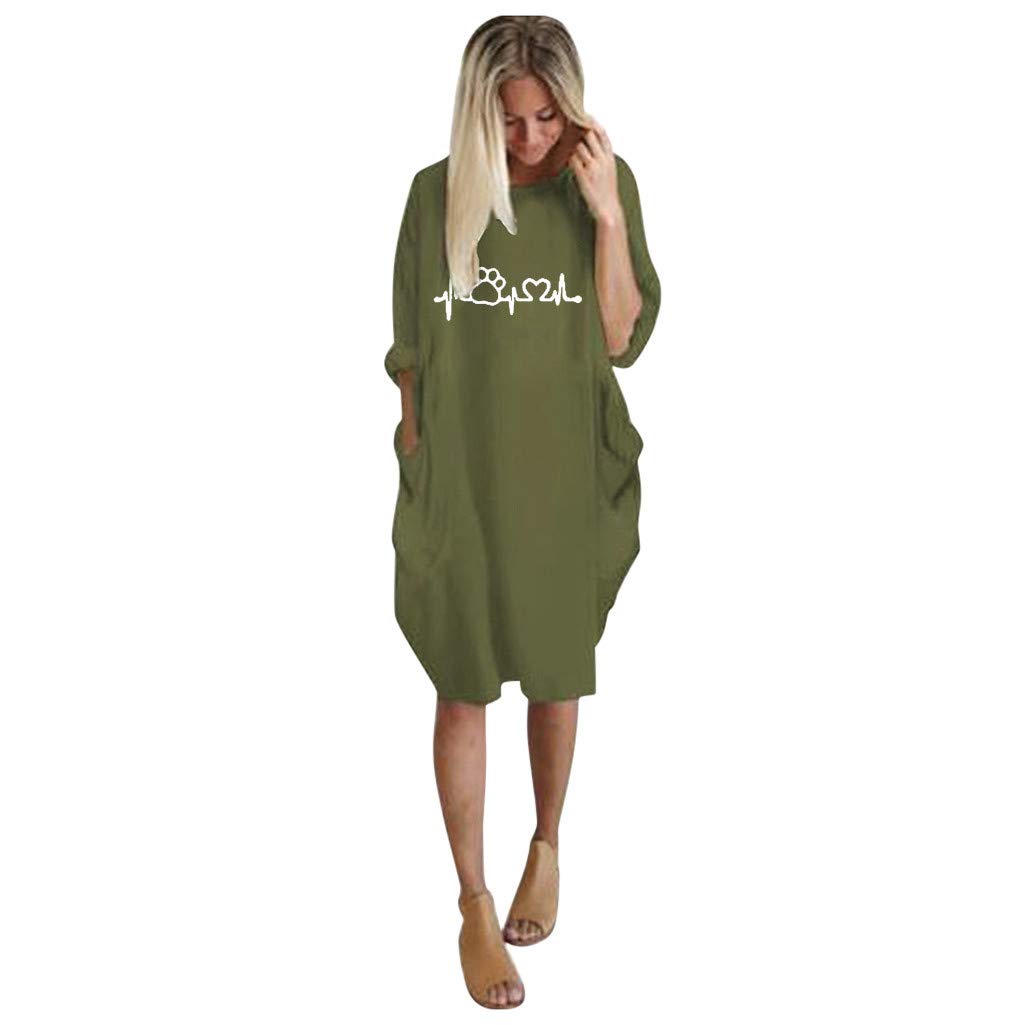 Women's Summer Long Sleeve Loose Casual Dress with Pockets - Crew Neck Plus Size Flowy Maxi Dress for Beach, Vacation & Everyday Wear