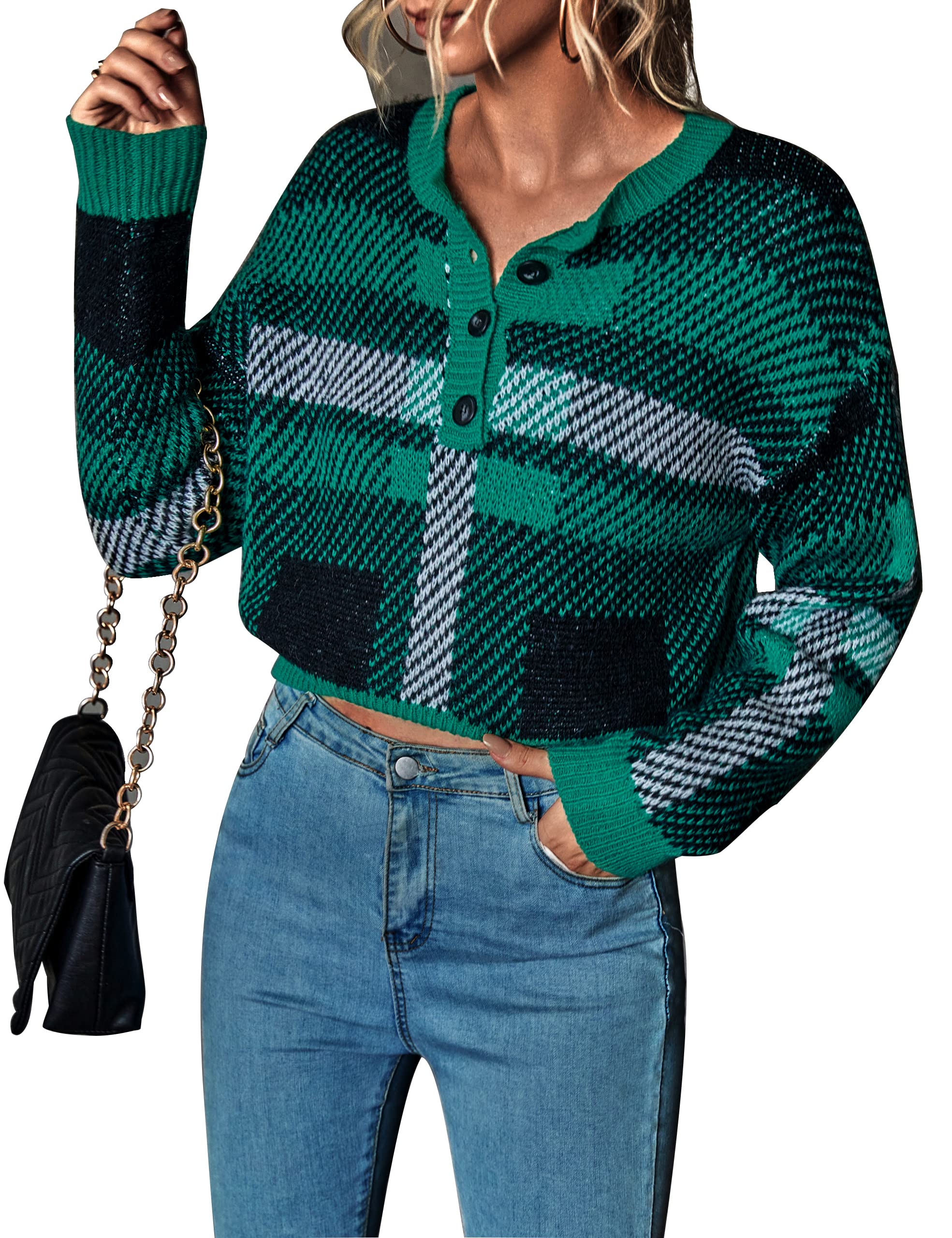 Vintage Color Block Cropped Sweater for Women - Long Sleeve Crewneck Pullover Fall Tops | Casual Outfits, Autumn Layering & Cozy Style