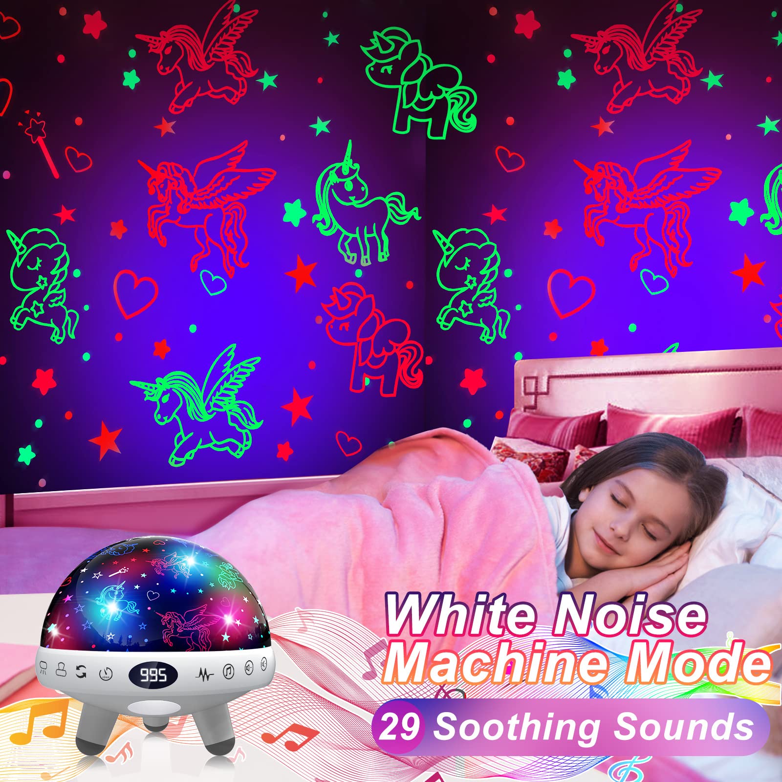 YACHANCE Unicorn Night Light Projector & White Noise Machine for Girls - 29 Soothing Sounds, Baby Night Light & Bedroom Decor Gift for 1-12 Year Old Girls | Perfect for Nursery, Kids' Room & Sleep Time