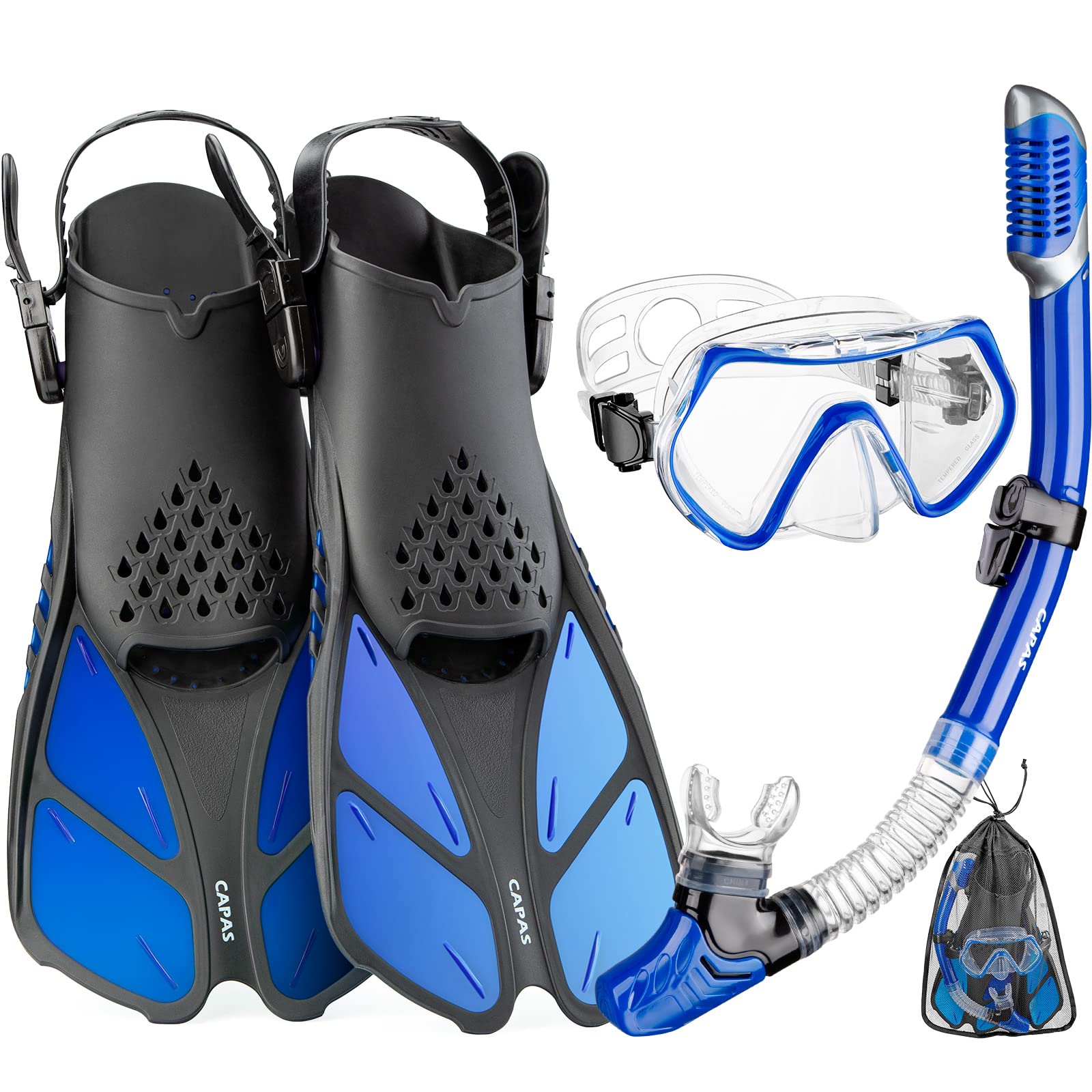Premium Snorkel Set for Adults - Adjustable Swim Fins, Dry Top Snorkel & Anti-Fog Scuba Mask - Travel Size Snorkeling Gear with Carrying Bag - Perfect for Beach Vacations, Pool Swimming & Underwater Exploration