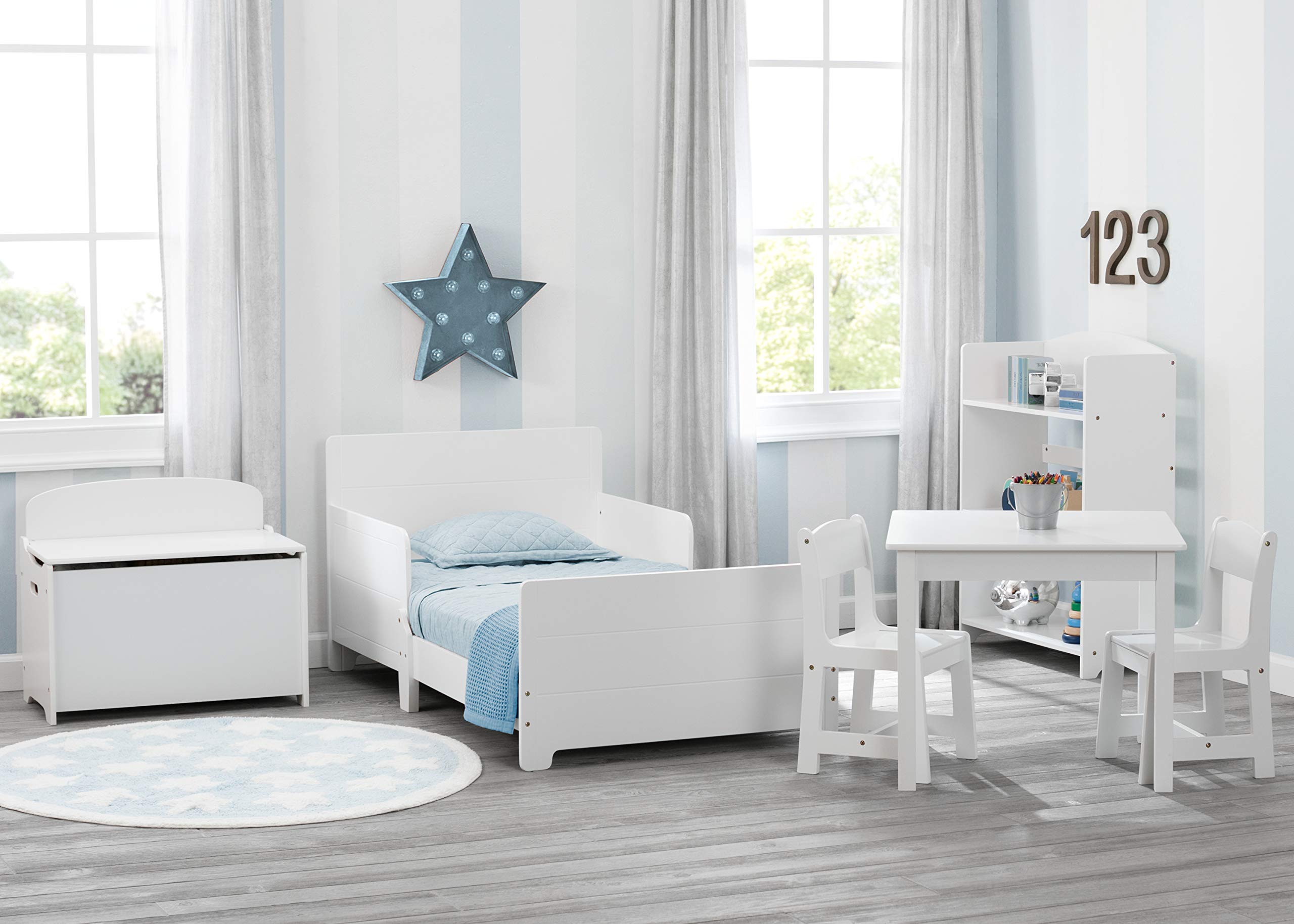 Delta Children MySize Toddler Bed - White Bianca with Dual-Sided Recycled Fiber Core Mattress, 2 Attached Safety Guardrails, 50 lbs Weight Limit (30