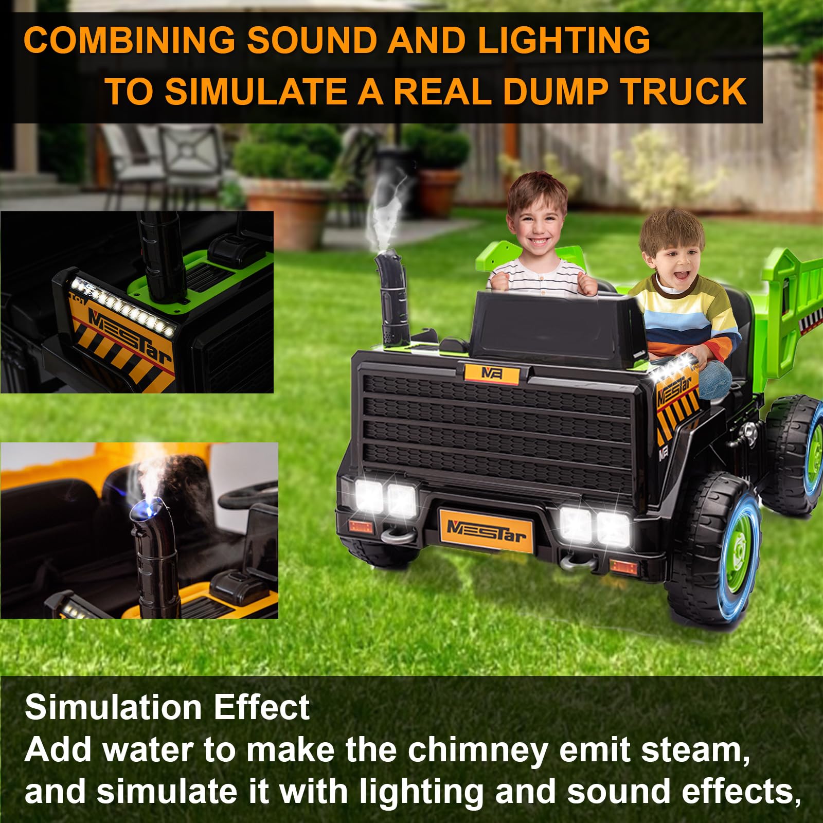 24V 2 Seater Kids Ride On Dump Truck with Remote Control - 4WD/2WD Electric Toy Car for Big Kids (5 MPH Max Speed) - Includes Dump Bed, Shovel & Traffic Cones - Perfect for Outdoor Play & Construction Pretend Play (Green)