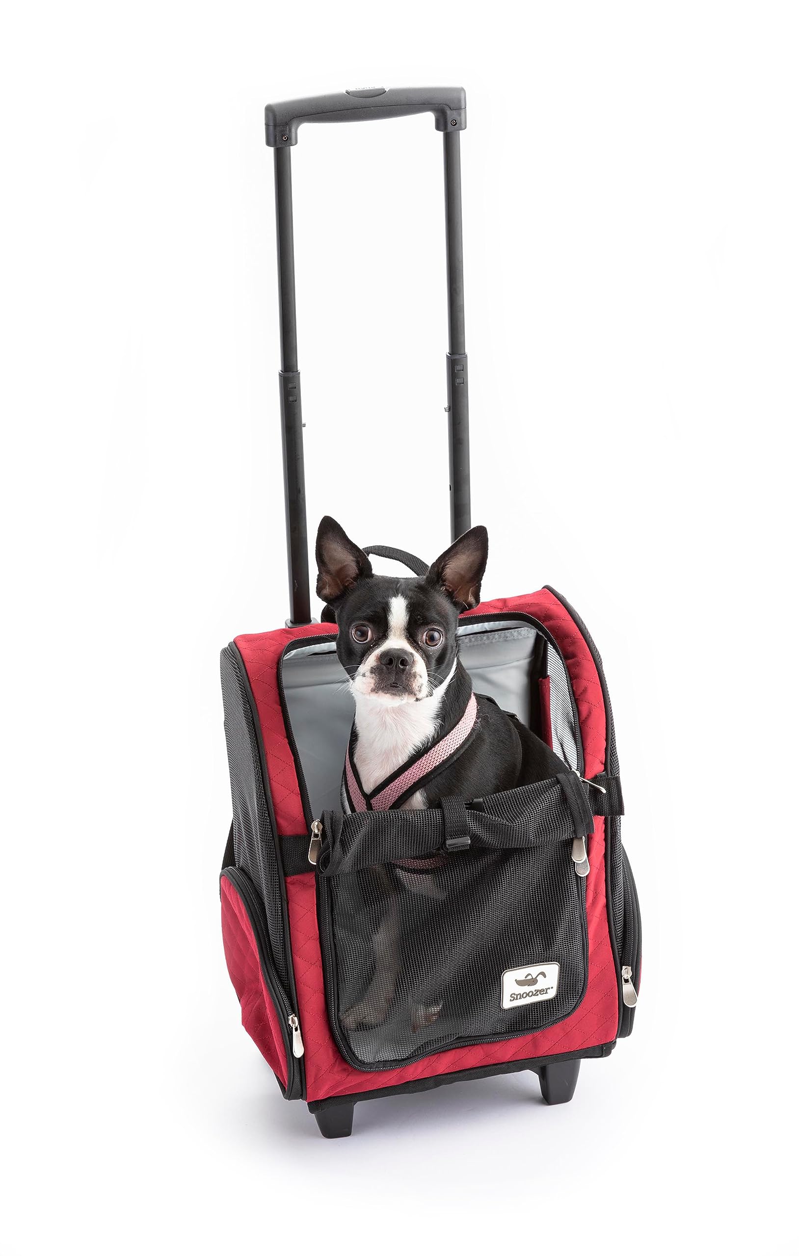 Snoozer 4-in-1 Roll Around Travel Pet Carrier Backpack with Wheels for Dogs & Cats Up to 15 Lbs - Convertible Pet Stroller & Travel Bag, Medium Size in Red & Black - Perfect for Air Travel, Road Trips & Outdoor Adventures