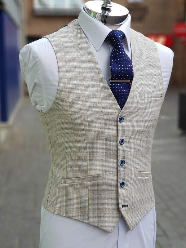 Cavani Caridi Men's Cream Check Waistcoat Vest - Stylish Formal Wear for Weddings, Parties & Business Events