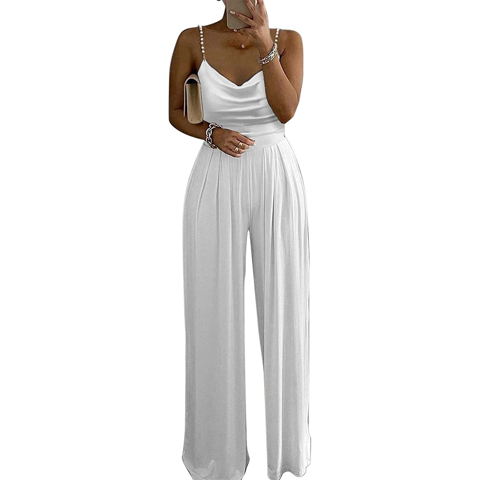 Mototom Women's Pearl Spaghetti Strap Palazzo Jumpsuit - Casual Sleeveless Solid Color Wide Leg Romper for Summer Beach & Vacation Outfits