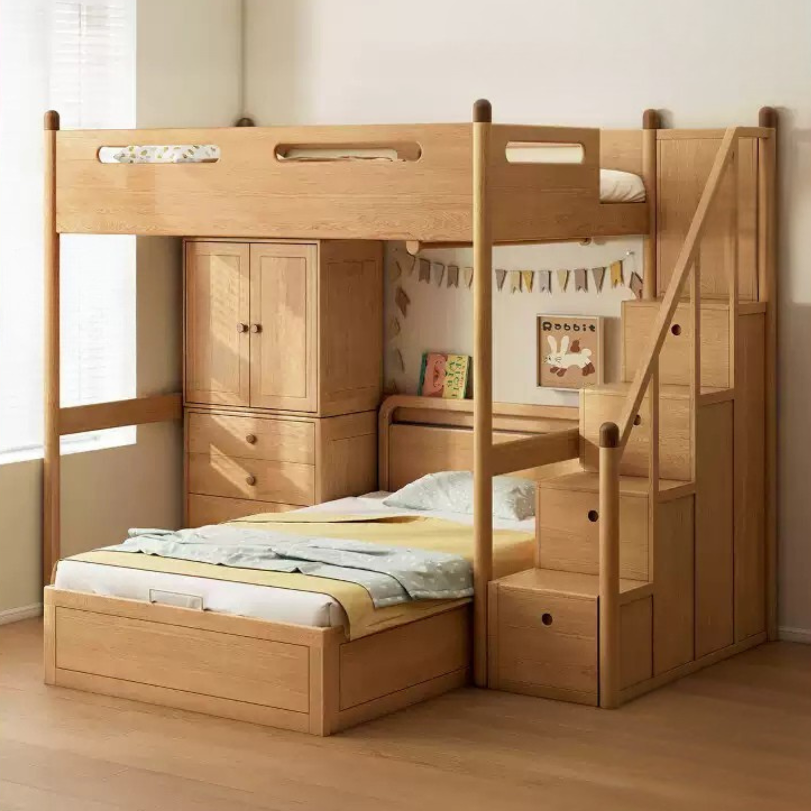 Solid Oak Wood Loft Bed with Storage Cabinet - Space-Saving Furniture for Small Rooms, Kids Bedroom & Dormitory
