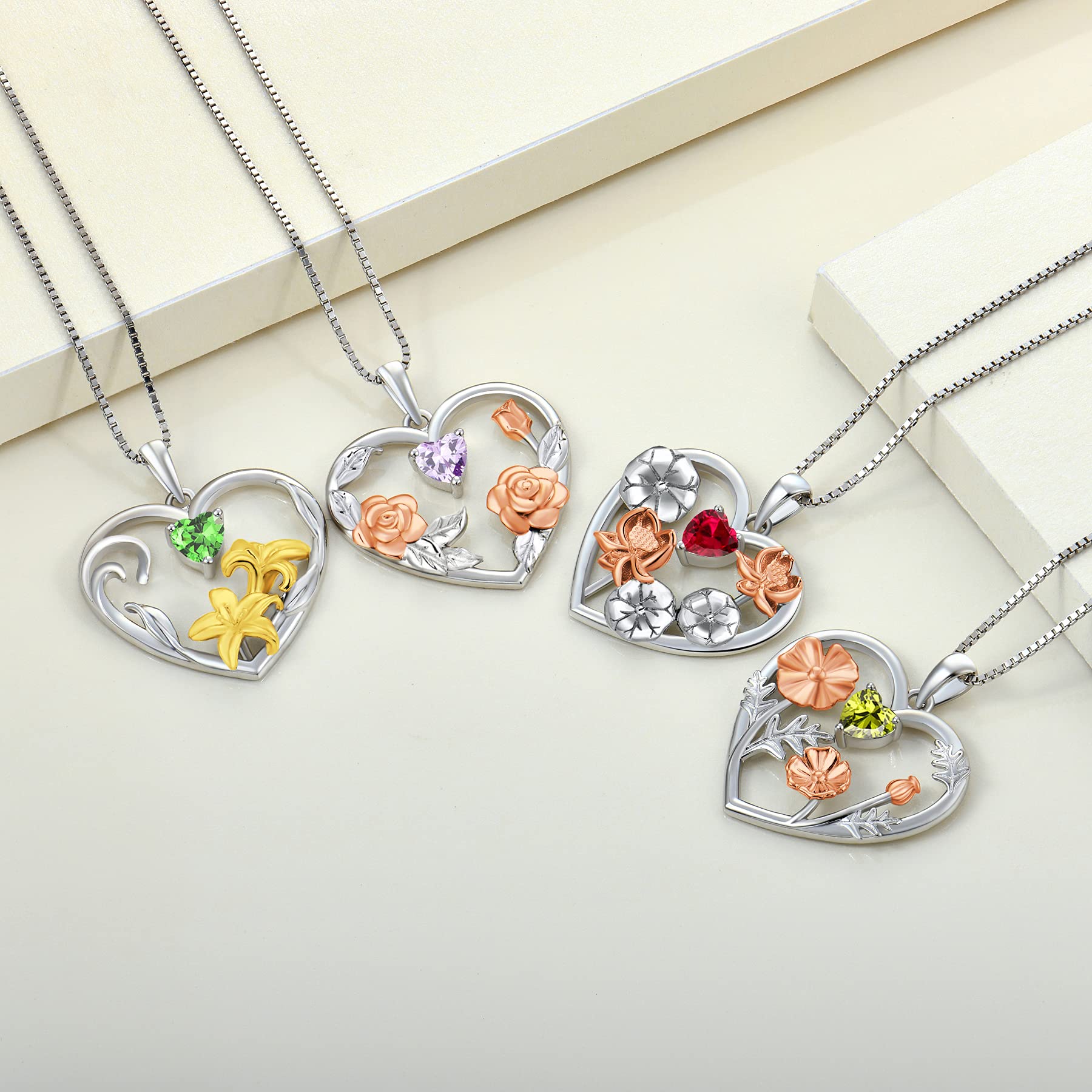 YL Women's Birth Flower Necklace - 925 Sterling Silver Heart Pendant with Gemstones, Personalized Birth Month Jewelry Gift for Her | Perfect for Birthdays, Anniversaries & Mother's Day