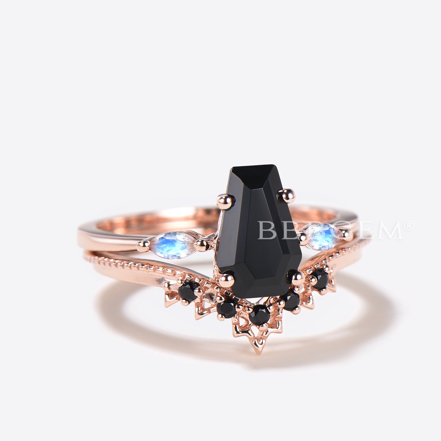Natural Black Onyx Wedding Ring Set - Gothic Vintage Coffin Style Band for Men & Women - Perfect for Gothic Weddings, Dark Romance, and Alternative Fashion