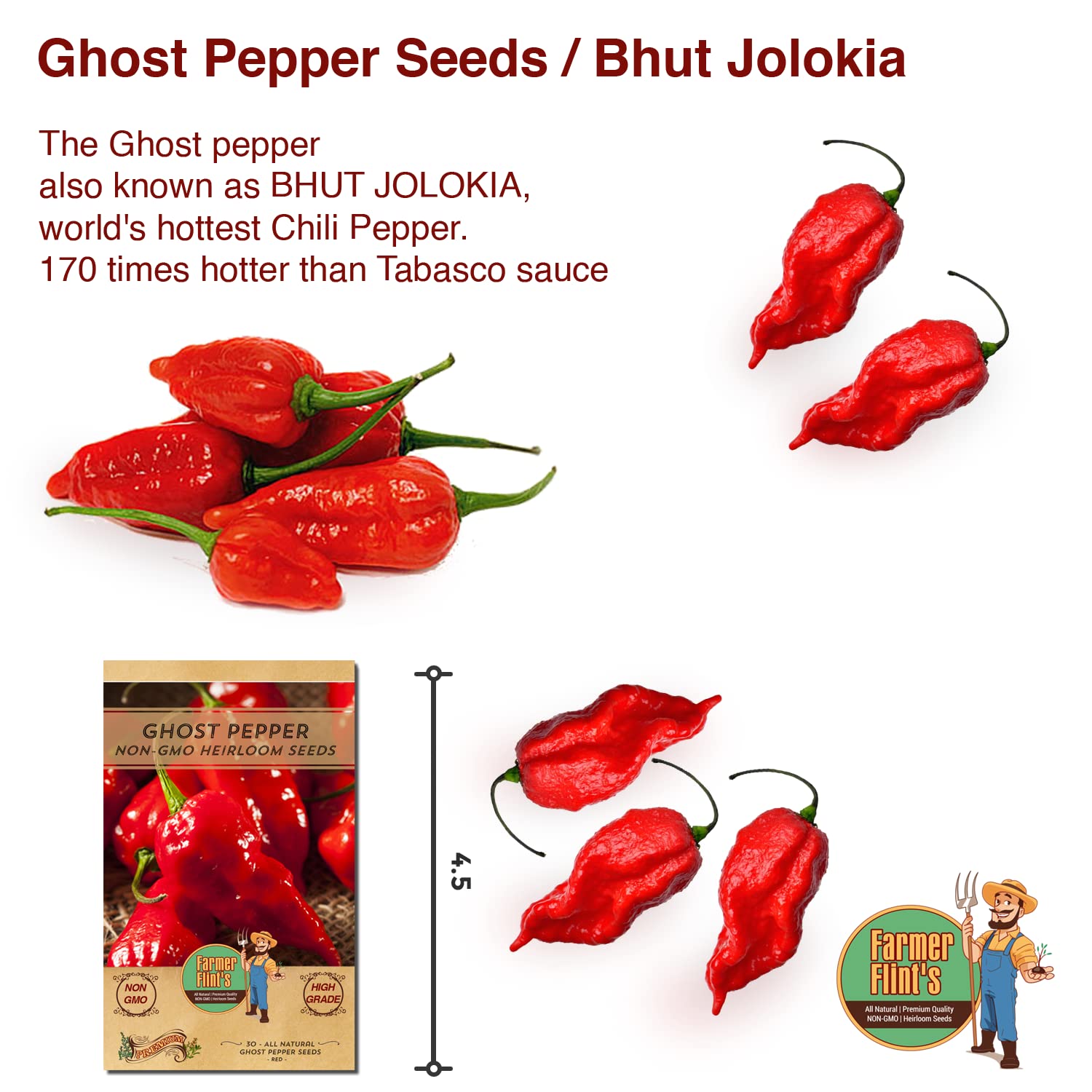 **Ghost Pepper Seeds (Naga/Bhut Jolokia) – Non-GMO Heirloom Seeds for Planting – Super Hot & Spicy Chili – Pack of 30 – Perfect for Home Gardening, Hot Sauce Making, and Culinary Experiments**