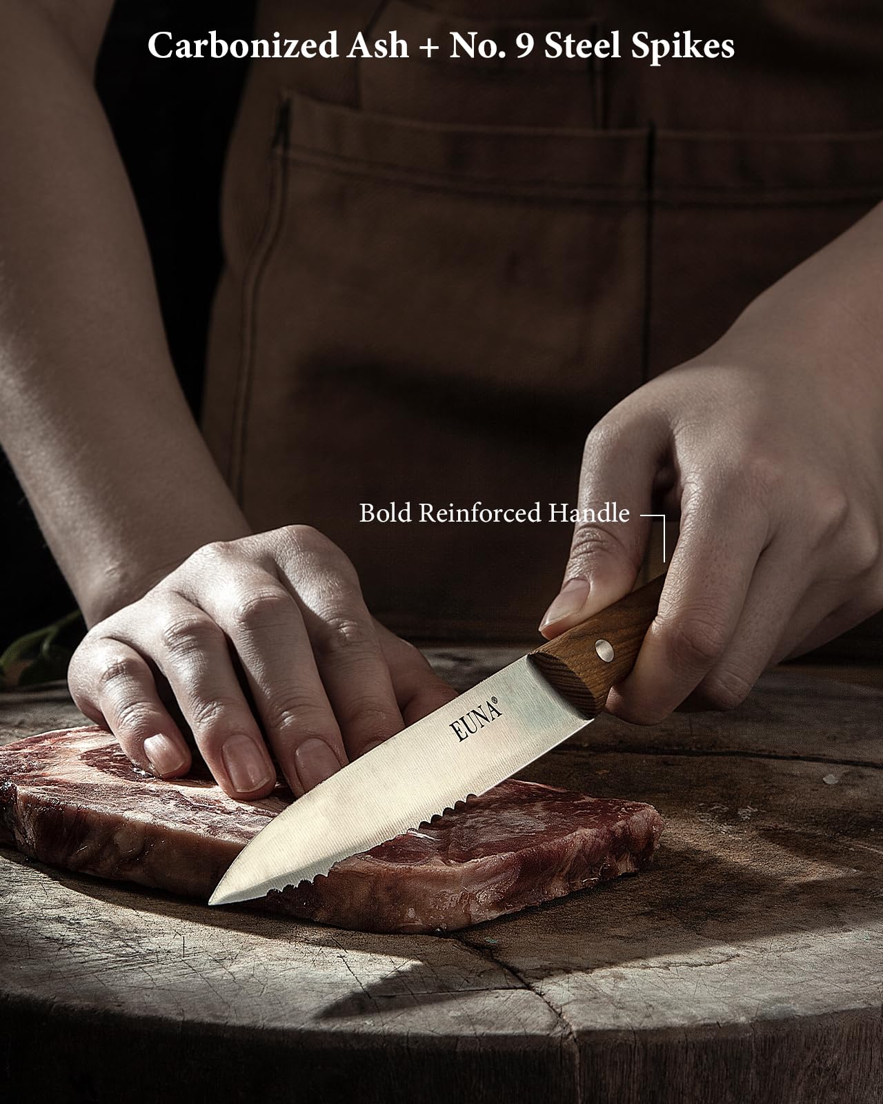EUNA 4-Piece Steak Knife Set - 4.5 Inch Ultra Sharp Serrated Blades with Ergonomic ASH Handle - Stainless Steel Dinner Knives in Gift Box - Perfect for Steakhouse Dining, BBQ Parties & Fine Dining at Home