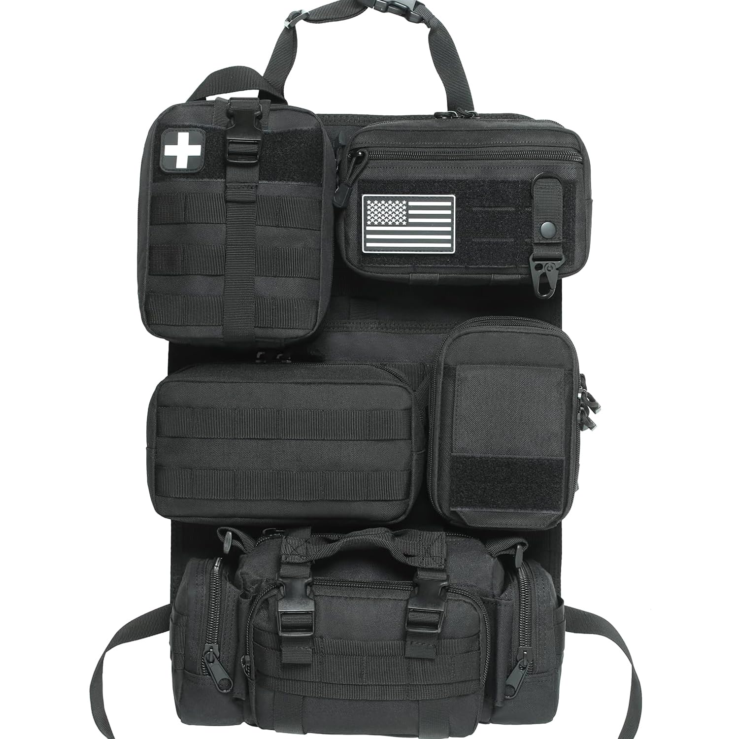 6 Pack Tactical Molle Car Seat Back Organizer - Heavy Duty Vehicle Panel Organizer with 5 Detachable Molle Pouches for Car, Truck, Ford, Jeep - Includes US Flag Patch & Keychain - Perfect for Road Trips, Camping & Outdoor Adventures