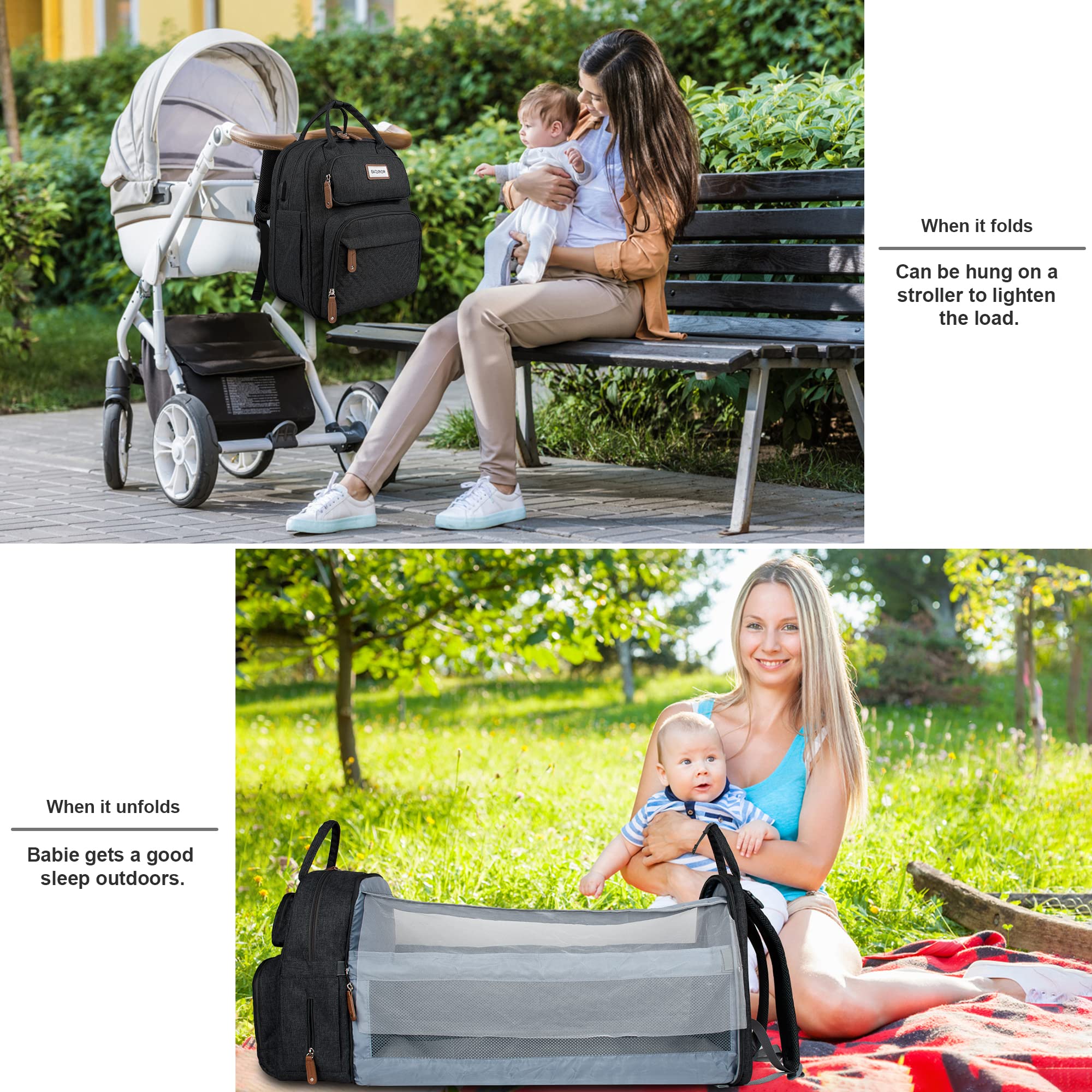 SNDMOR Large Baby Diaper Backpack - Waterproof Travel Diaper Bag with Foldable Changing Pad & Multiple Pockets, Stylish Black Diaper Bag for Moms - Perfect for Daycare, Outings & Family Trips
