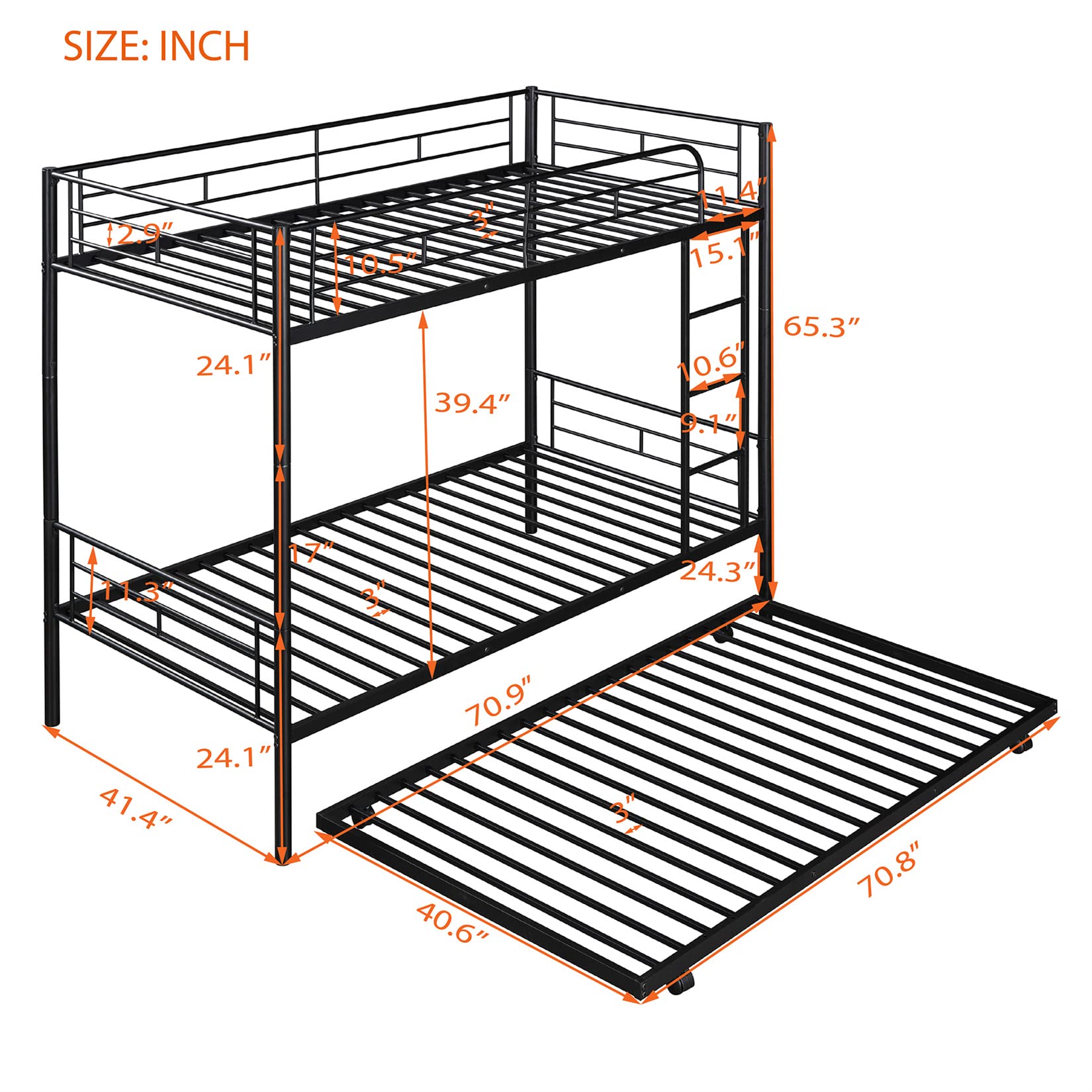 Metal Twin Over Twin Bunk Bed with Trundle - Convertible Triple Sleeper with Ladder & Safety Rails - Kids Bunk Bed Frame for Small Spaces - Can Split into 2 Separate Beds - Perfect for Dorms, Guest Rooms & Kids' Bedrooms (Black)