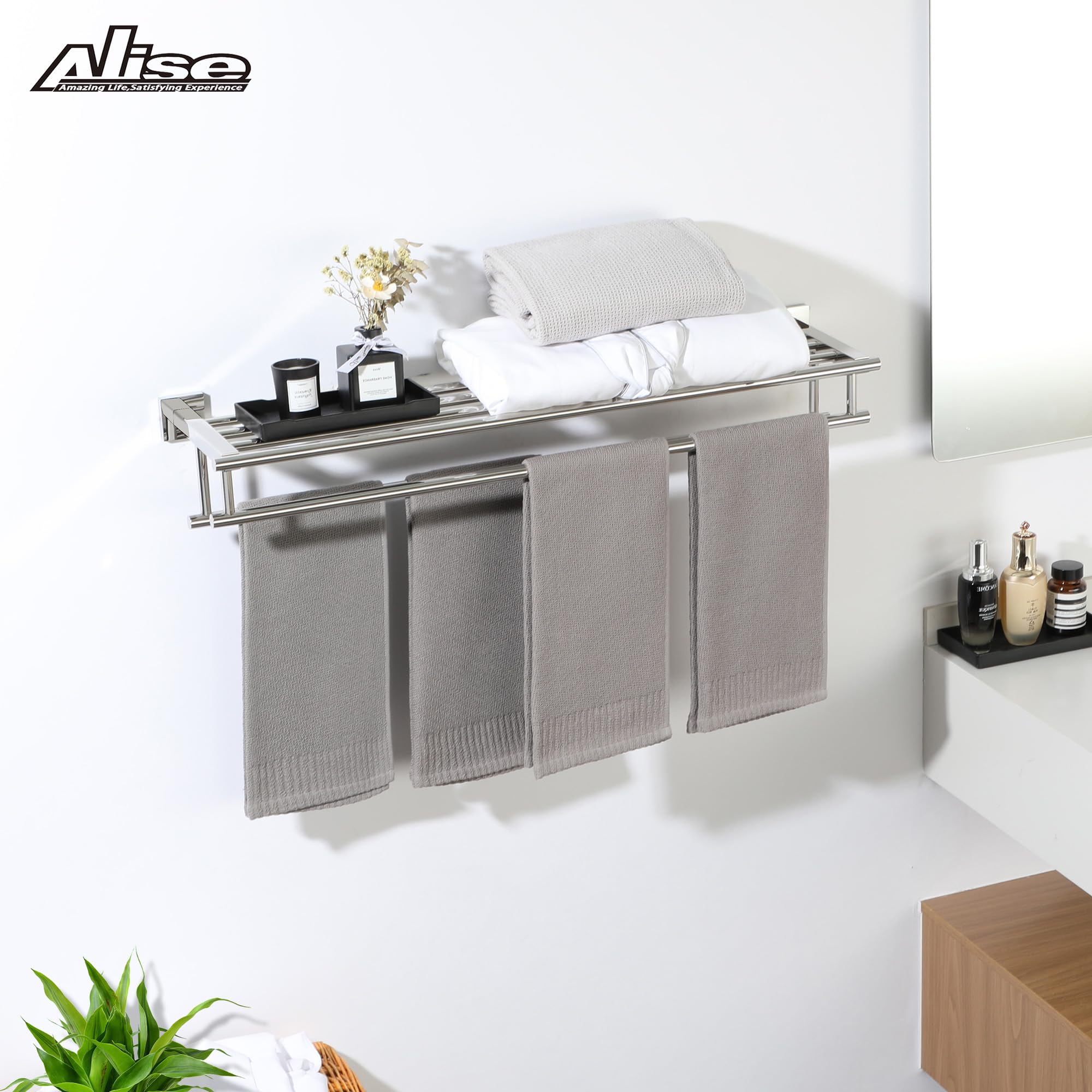 Alise 28 Inch SUS 304 Stainless Steel Wall Mount Towel Rack - Double Towel Bars Bathroom Hanger with Polished Chrome Finish | Perfect for Bathroom, Lavatory & Spa Decor