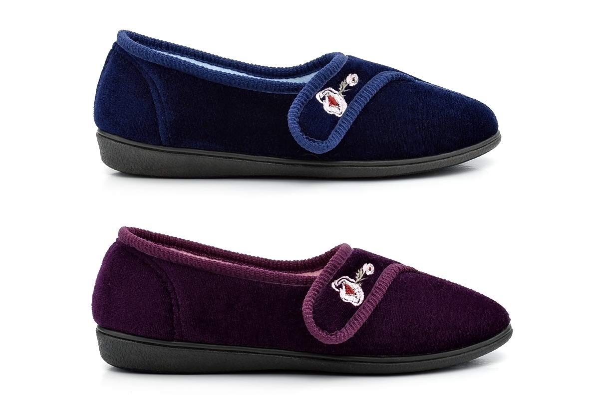 Women's Embroidered Touch Fastening Slippers - Soft Indoor House Shoes for Ladies (Burgundy/Navy) - Perfect for Relaxing at Home, Lounging & Comfortable Wear
